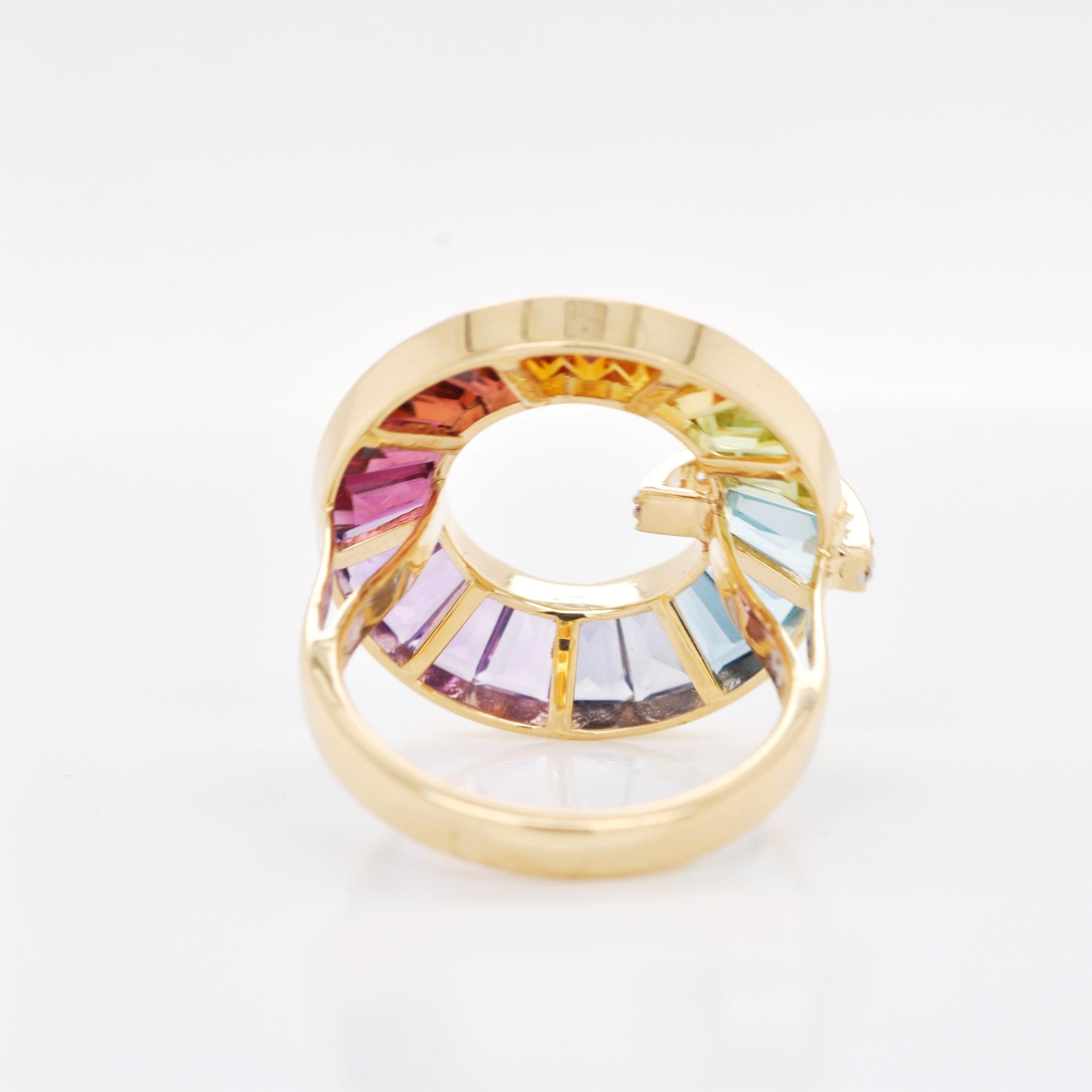 For Sale:  18K Gold Handcrafted Channel-Set Rainbow Gemstones Diamond Art Deco Circle Ring 5