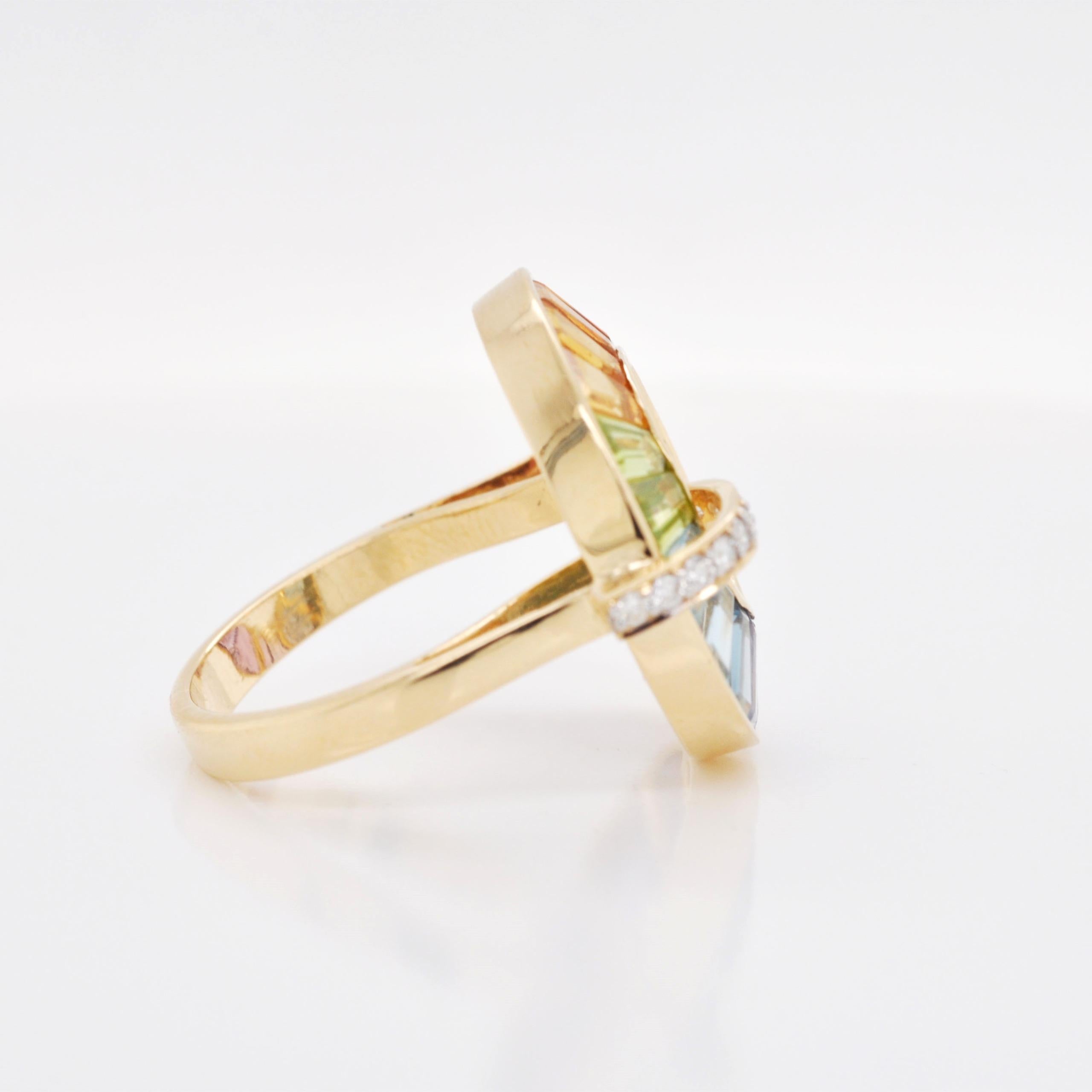 For Sale:  18K Gold Handcrafted Channel-Set Rainbow Gemstones Diamond Art Deco Circle Ring 6