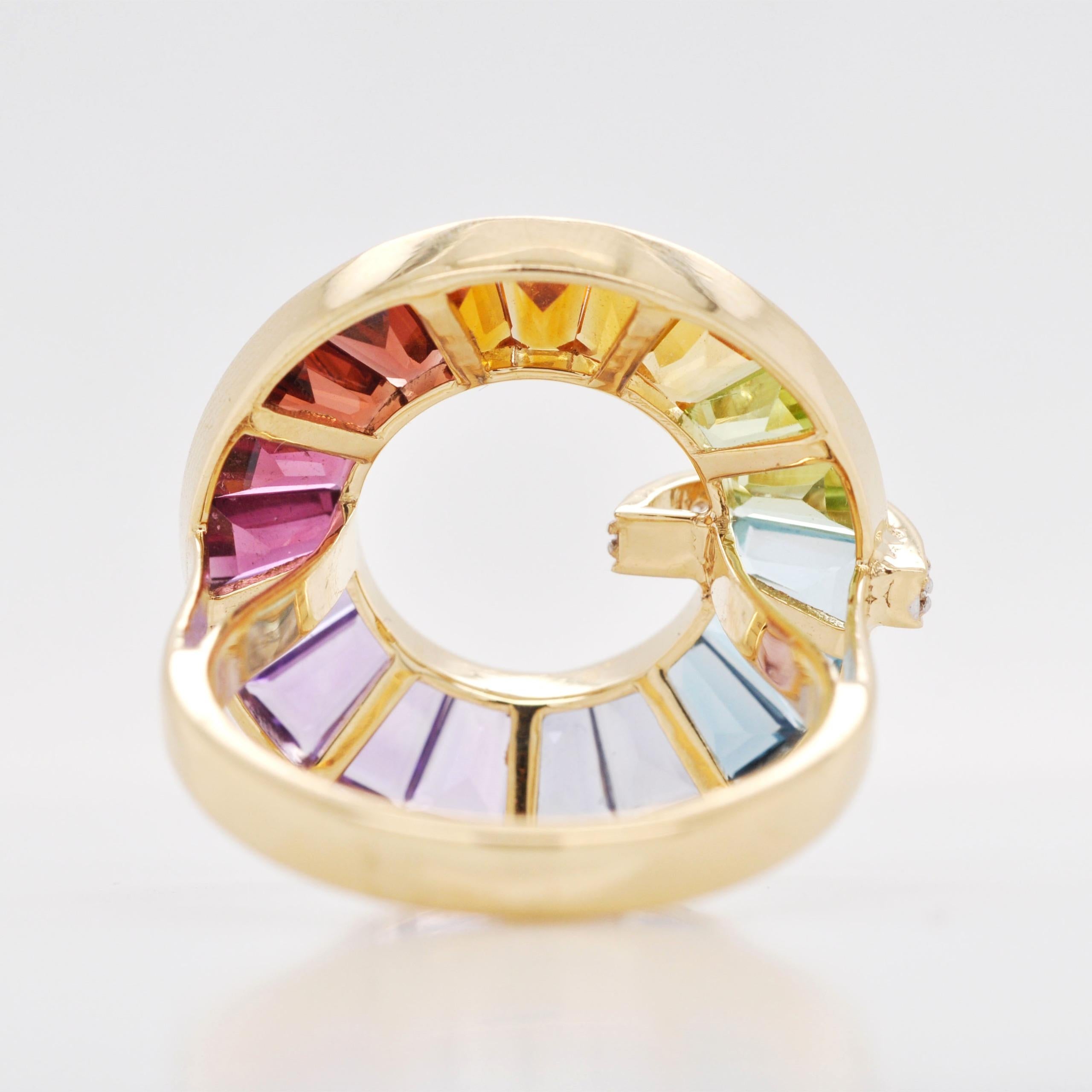 For Sale:  18K Gold Handcrafted Channel-Set Rainbow Gemstones Diamond Art Deco Circle Ring 7