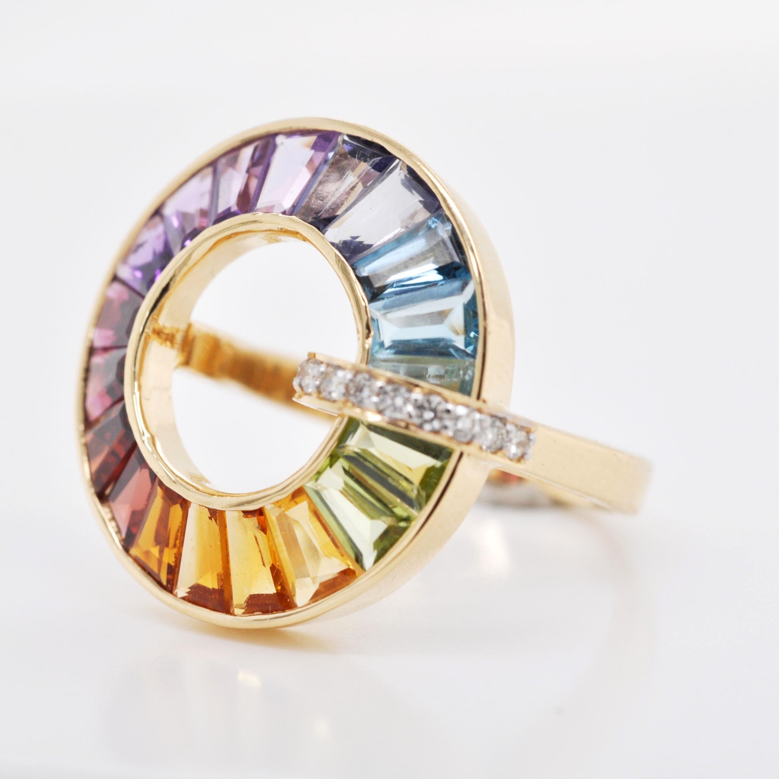 For Sale:  18K Gold Handcrafted Channel-Set Rainbow Gemstones Diamond Art Deco Circle Ring 8