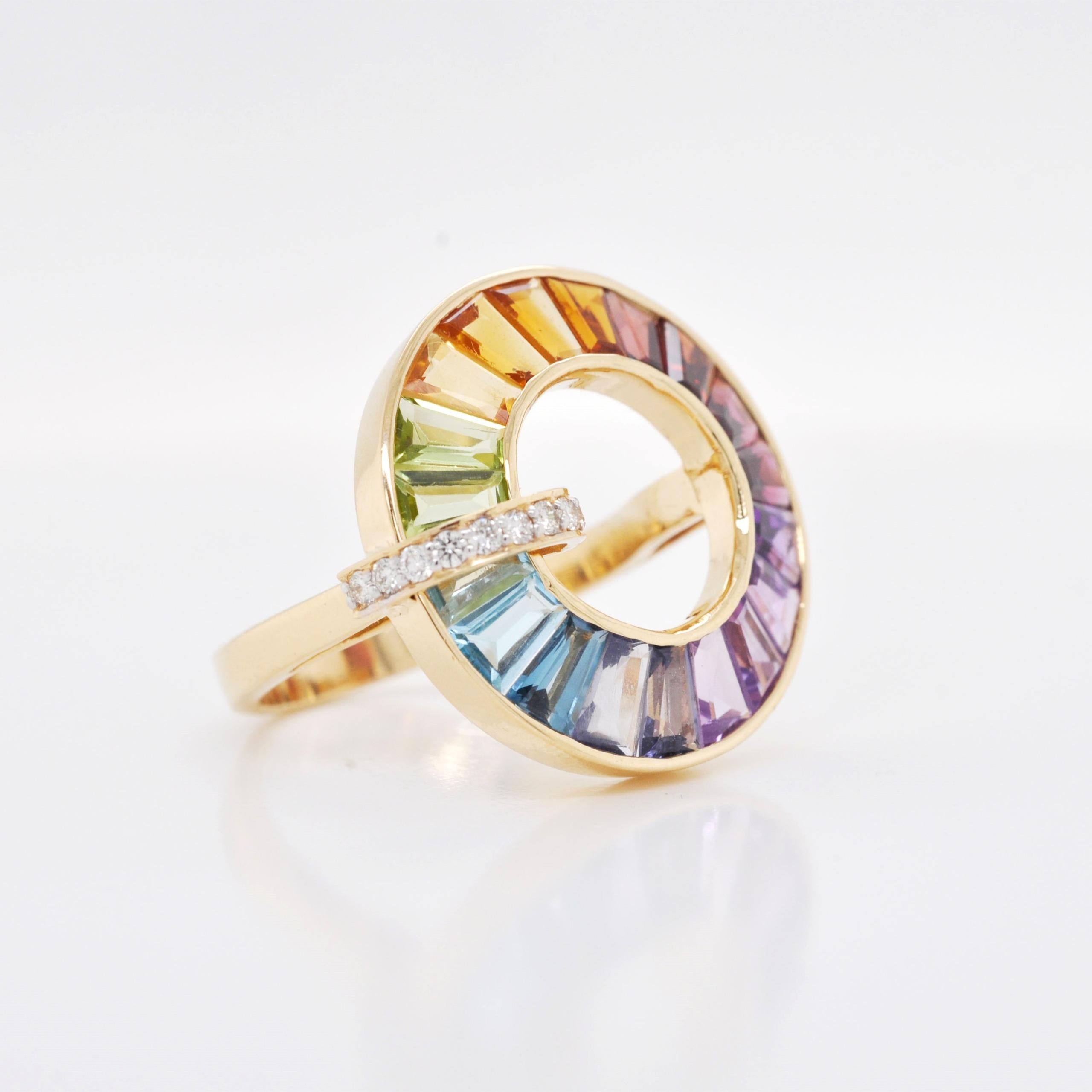For Sale:  18K Gold Handcrafted Channel-Set Rainbow Gemstones Diamond Art Deco Circle Ring 9
