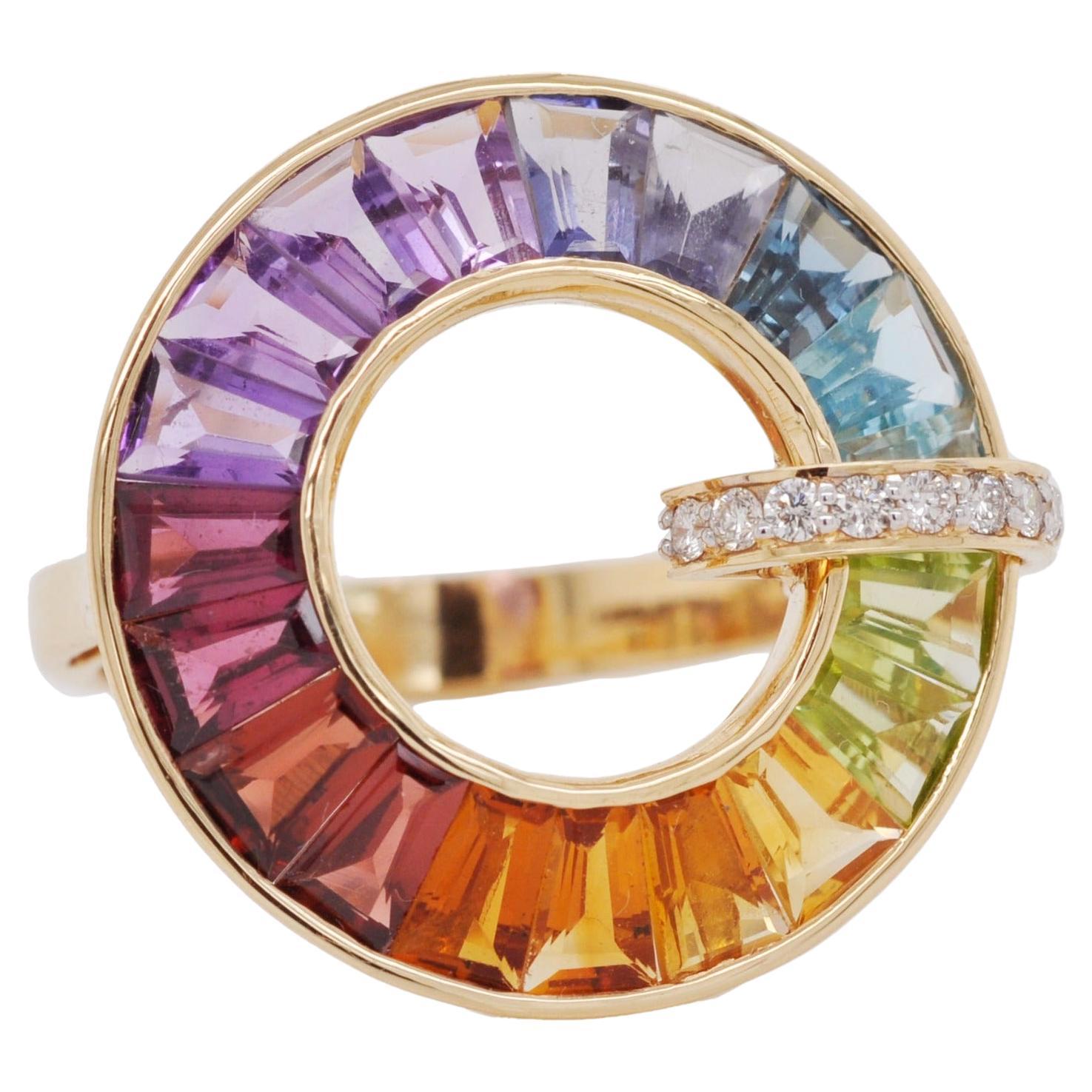 For Sale:  18K Gold Handcrafted Channel-Set Rainbow Gemstones Diamond Art Deco Circle Ring