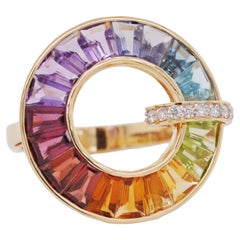 Anillo Círculo Art Decó de Diamantes con Piedras Arcoiris Engastadas a Mano en Oro de 18 K