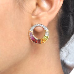 14 Karat Gold Channel Set Rainbow Taper Baguette Diamond Circular Stud Earrings