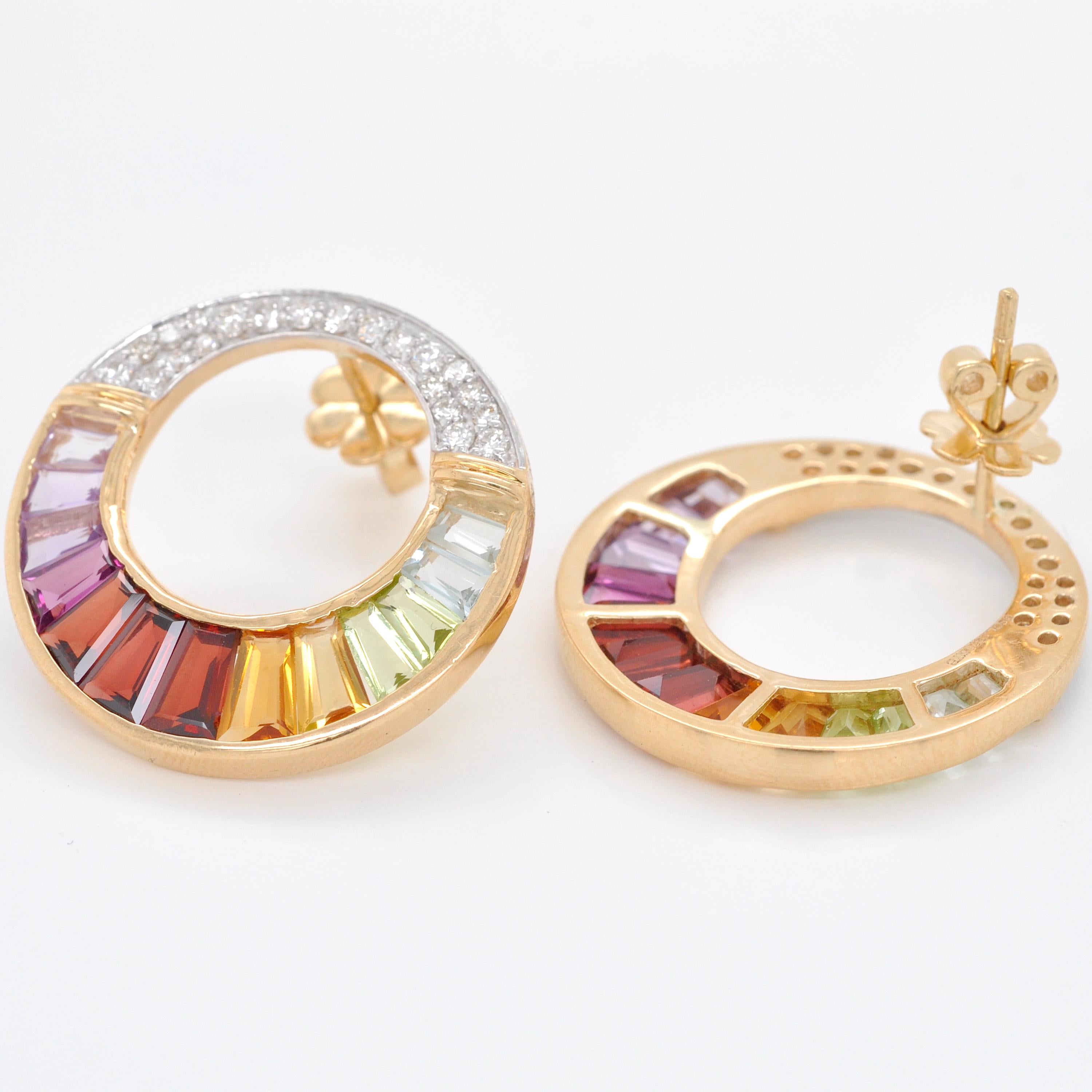 Women's 18 Karat Gold Channel Set Rainbow Taper Baguette Diamond Circular Stud Earrings For Sale