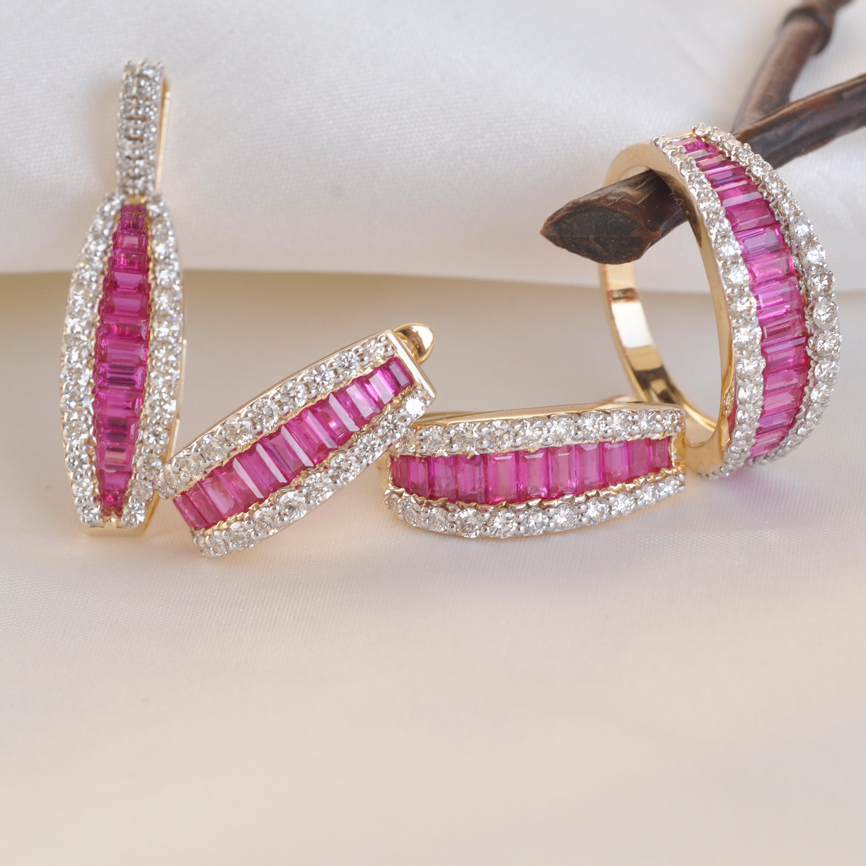 18 Karat Yellow Gold Channel Set Ruby Baguette Diamond Huggies Hoop Earrings For Sale 2