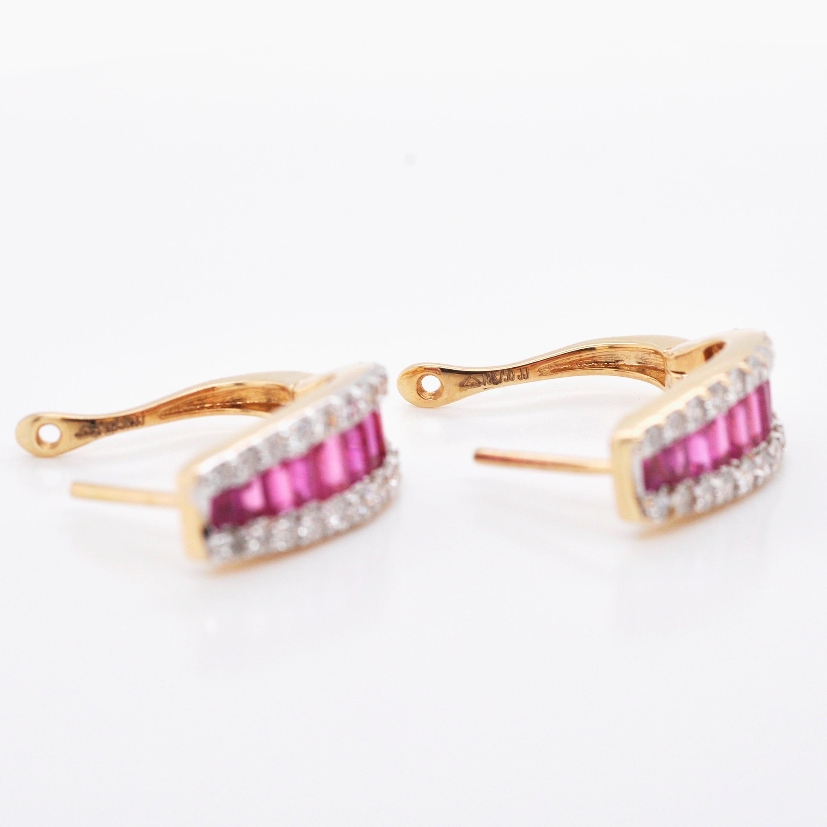 Contemporary 18 Karat Yellow Gold Channel Set Ruby Baguette Diamond Huggies Hoop Earrings For Sale