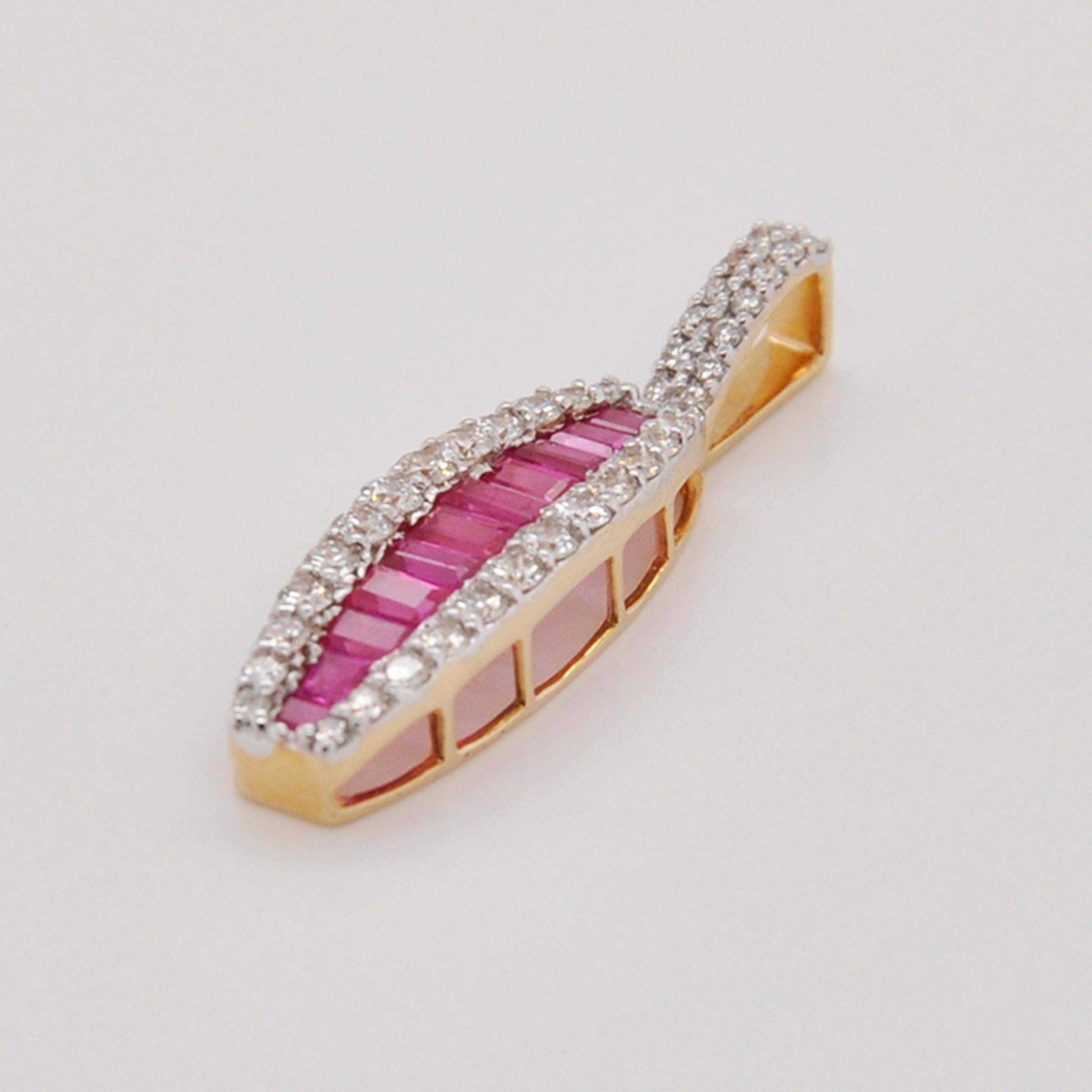 Contemporary 18 Karat Yellow Gold Channel Set Ruby Baguette Diamond Linear Pendant Necklace For Sale