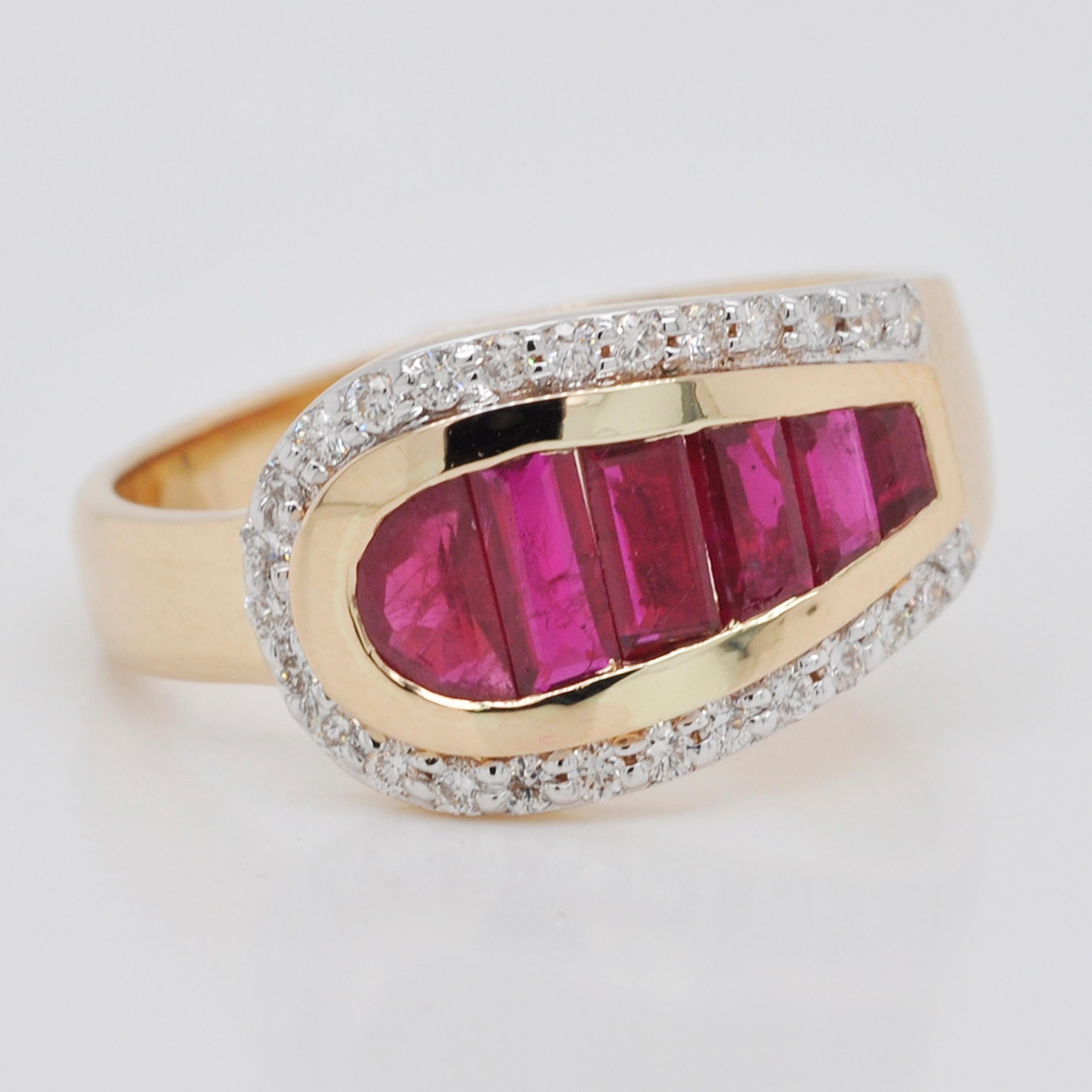 Baguette Cut 18 Karat Gold Calibre Cut Channel Set Ruby Baguettes Diamond Round Ring