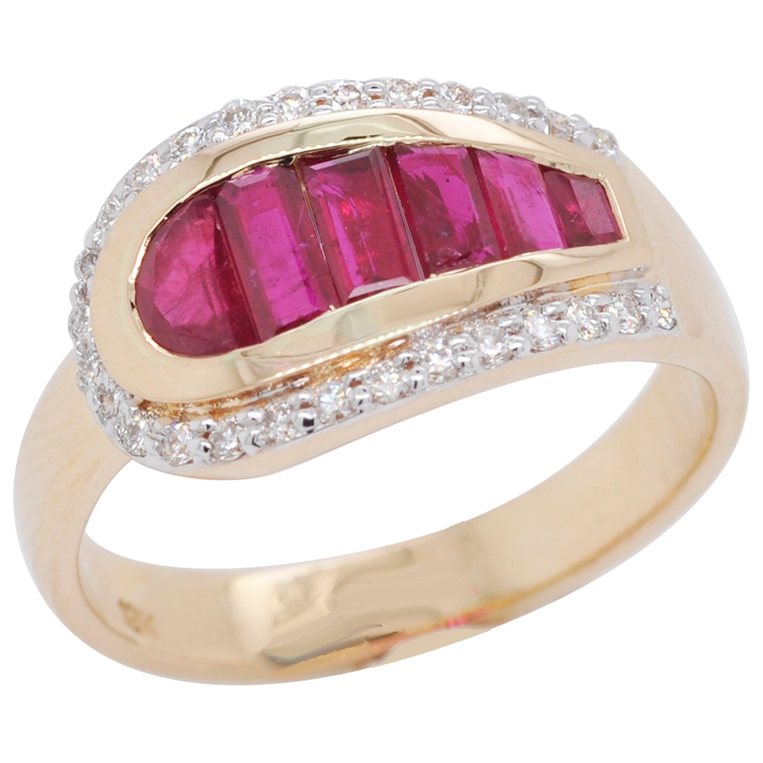 18 Karat Gold Calibre Cut Channel Set Ruby Baguettes Diamond Round Ring