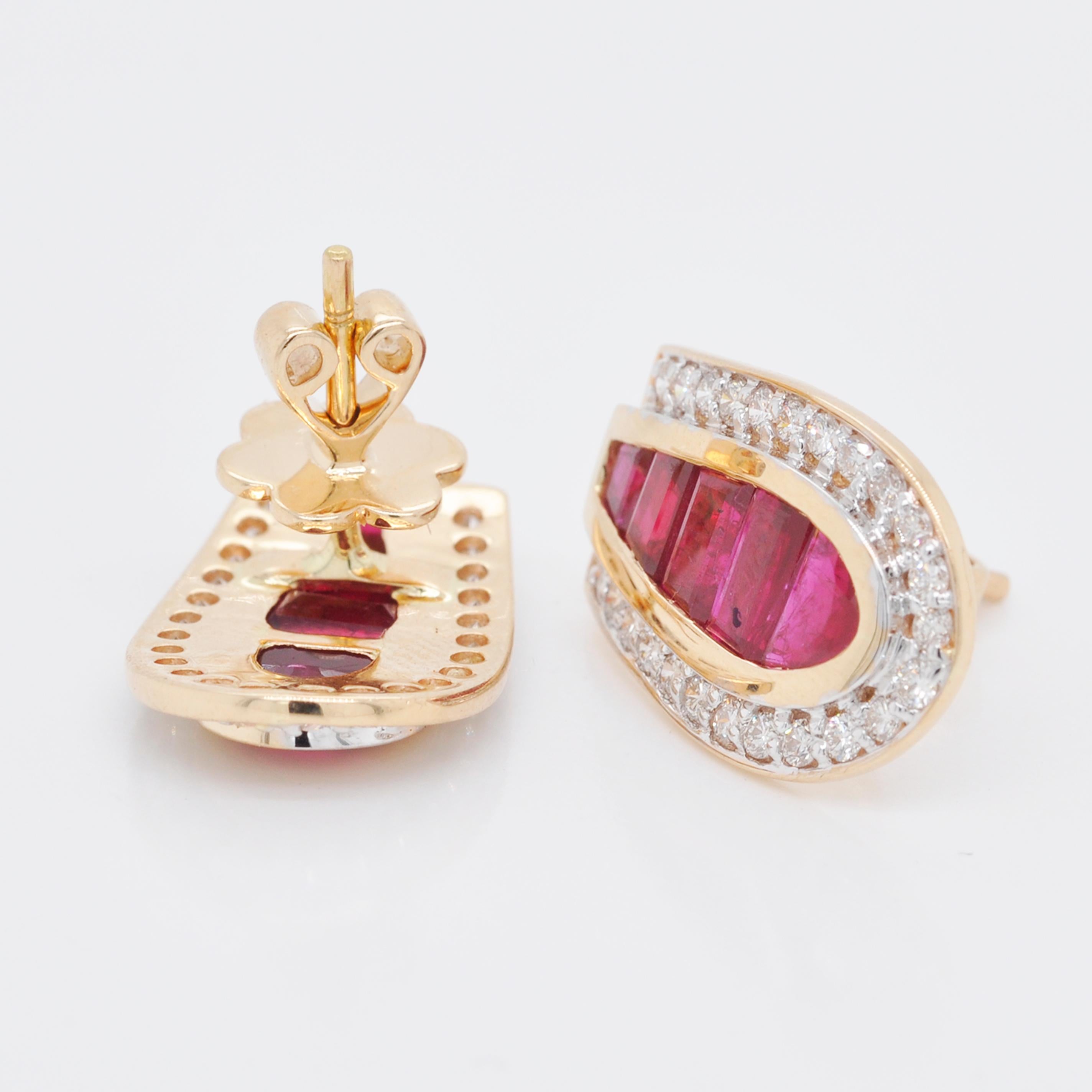 Women's 18 Karat Gold Calibre Cut Channel Set Burma Ruby Baguettes Diamond Stud Earrings