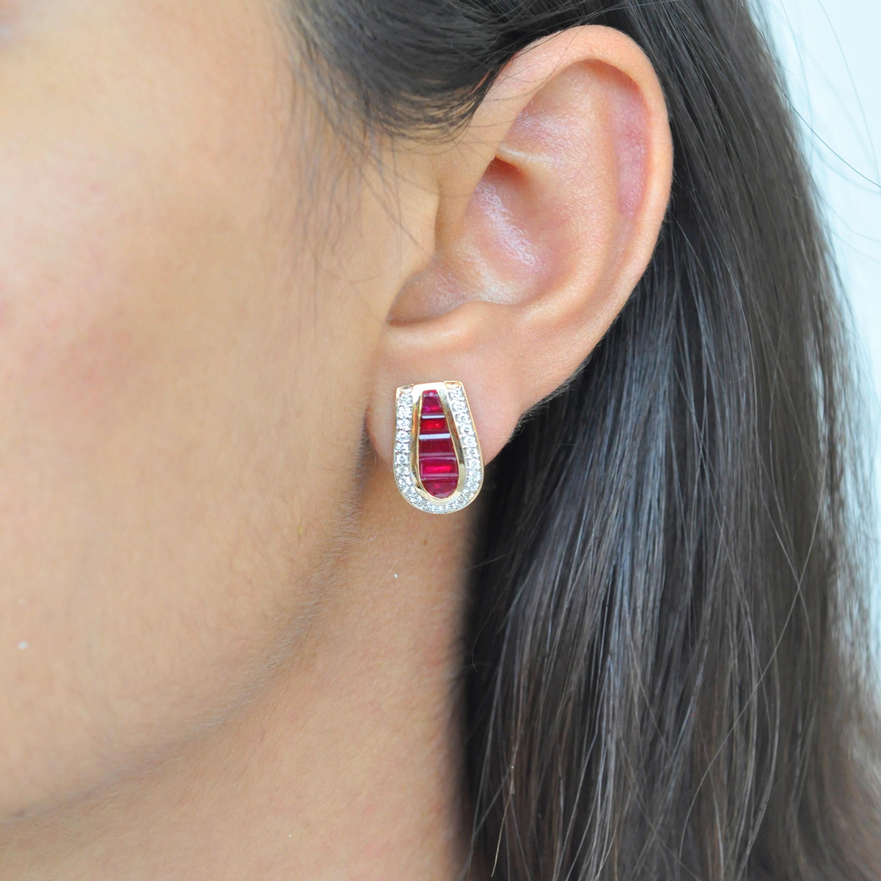 Art Deco 18 Karat Gold Calibre Cut Channel Set Burma Ruby Baguettes Diamond Stud Earrings