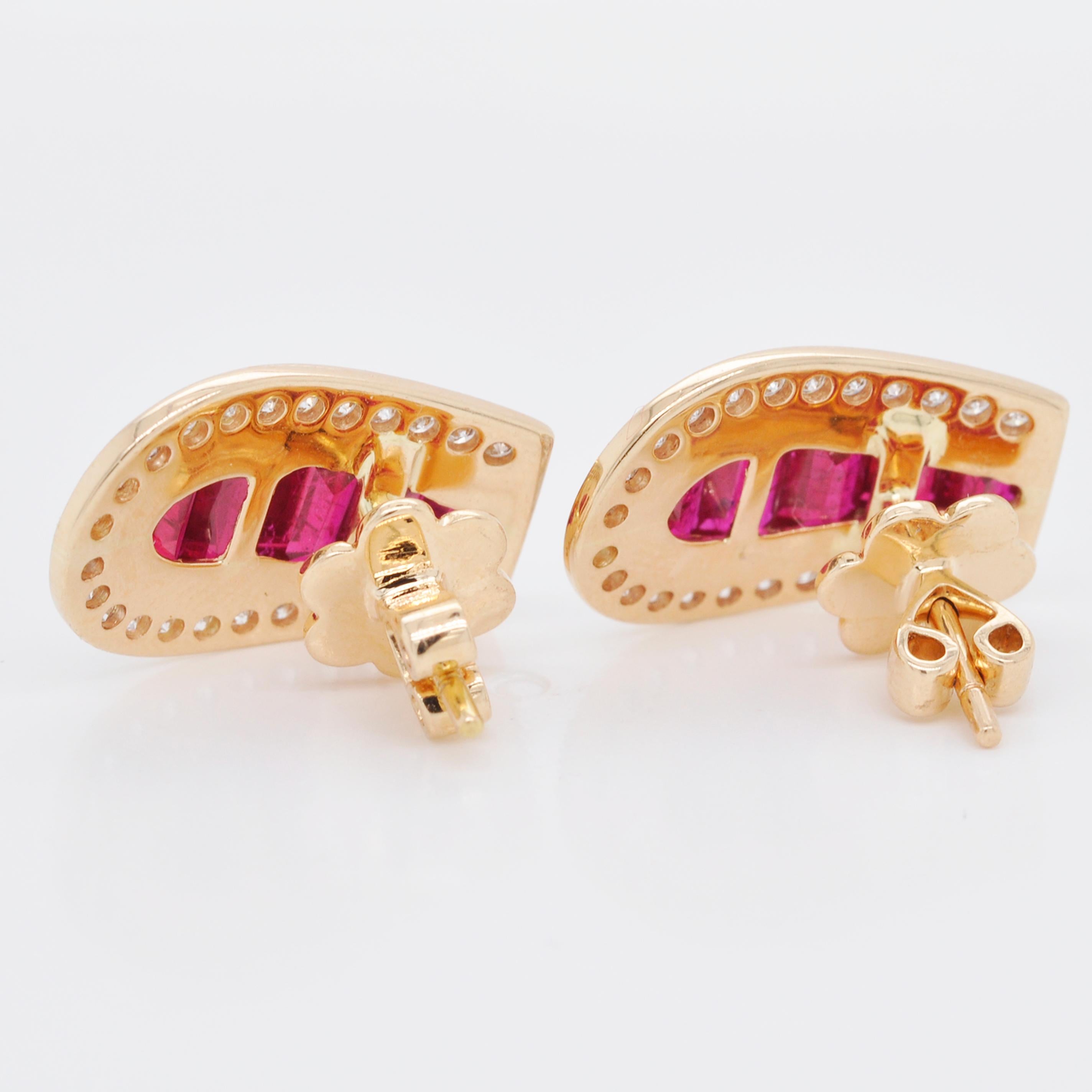 18 Karat Gold Calibre Cut Channel Set Burma Ruby Baguettes Diamond Stud Earrings 1