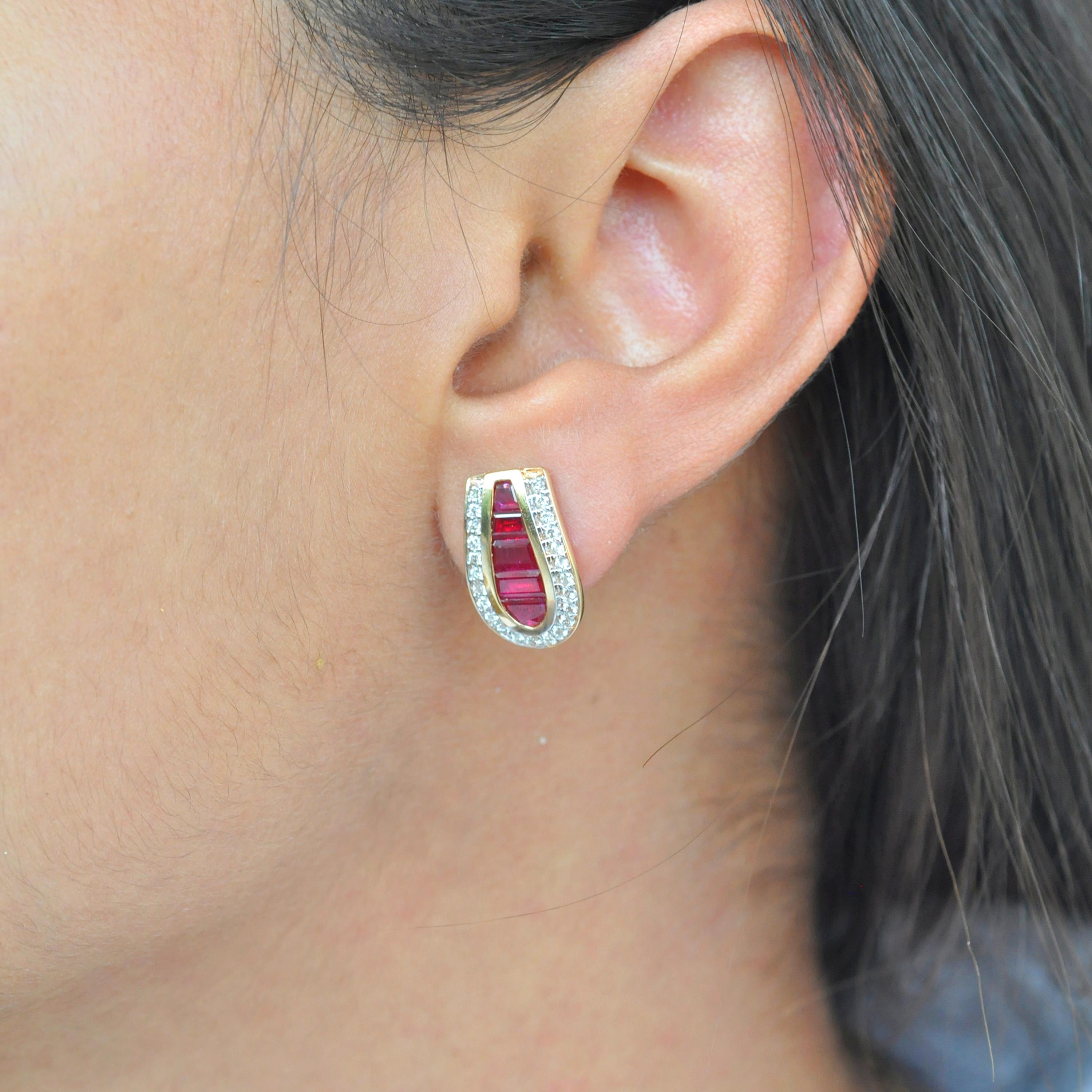 Baguette Cut 18 Karat Gold Calibre Cut Channel Set Burma Ruby Baguettes Diamond Stud Earrings