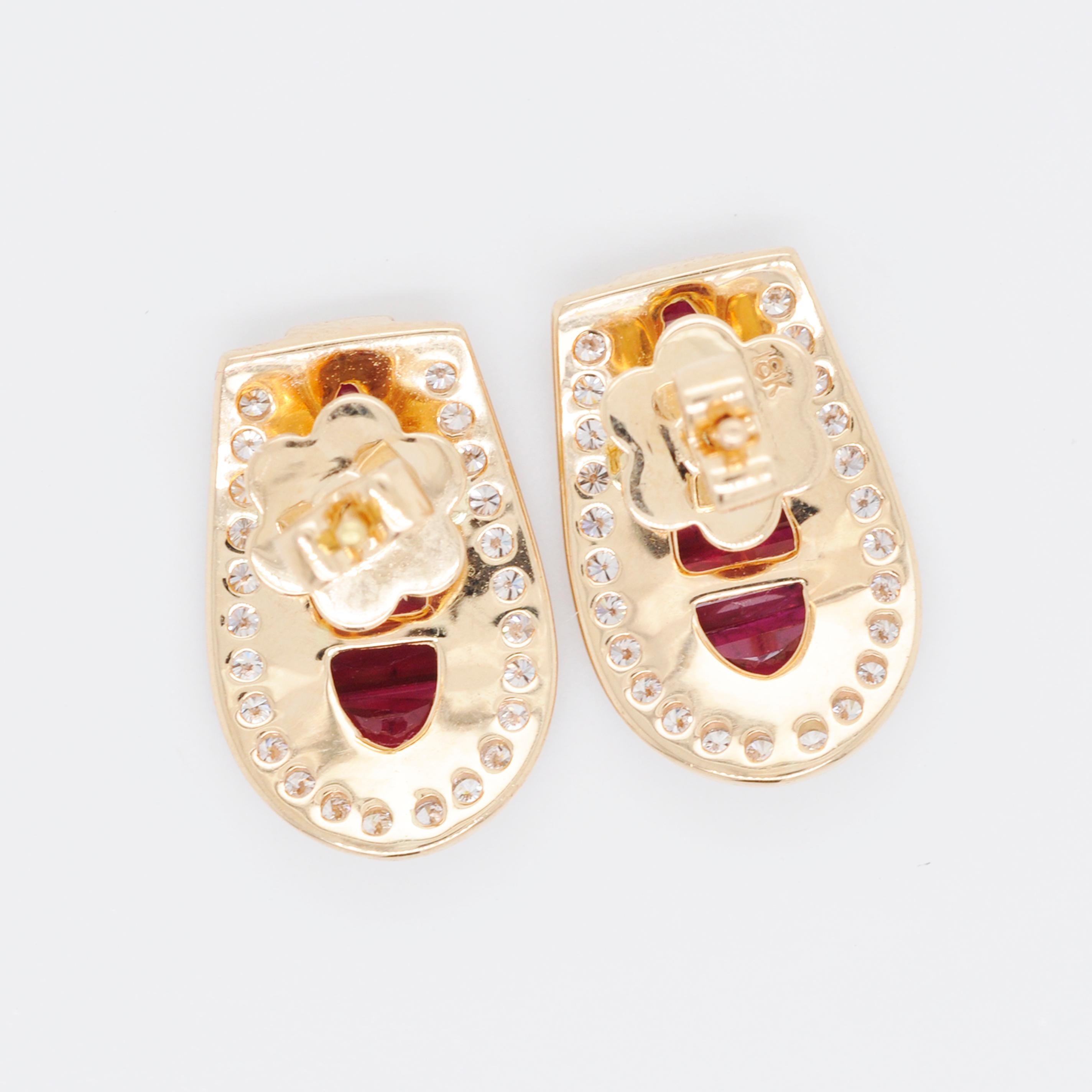 18 Karat Gold Calibre Cut Channel Set Burma Ruby Baguettes Diamond Stud Earrings 2