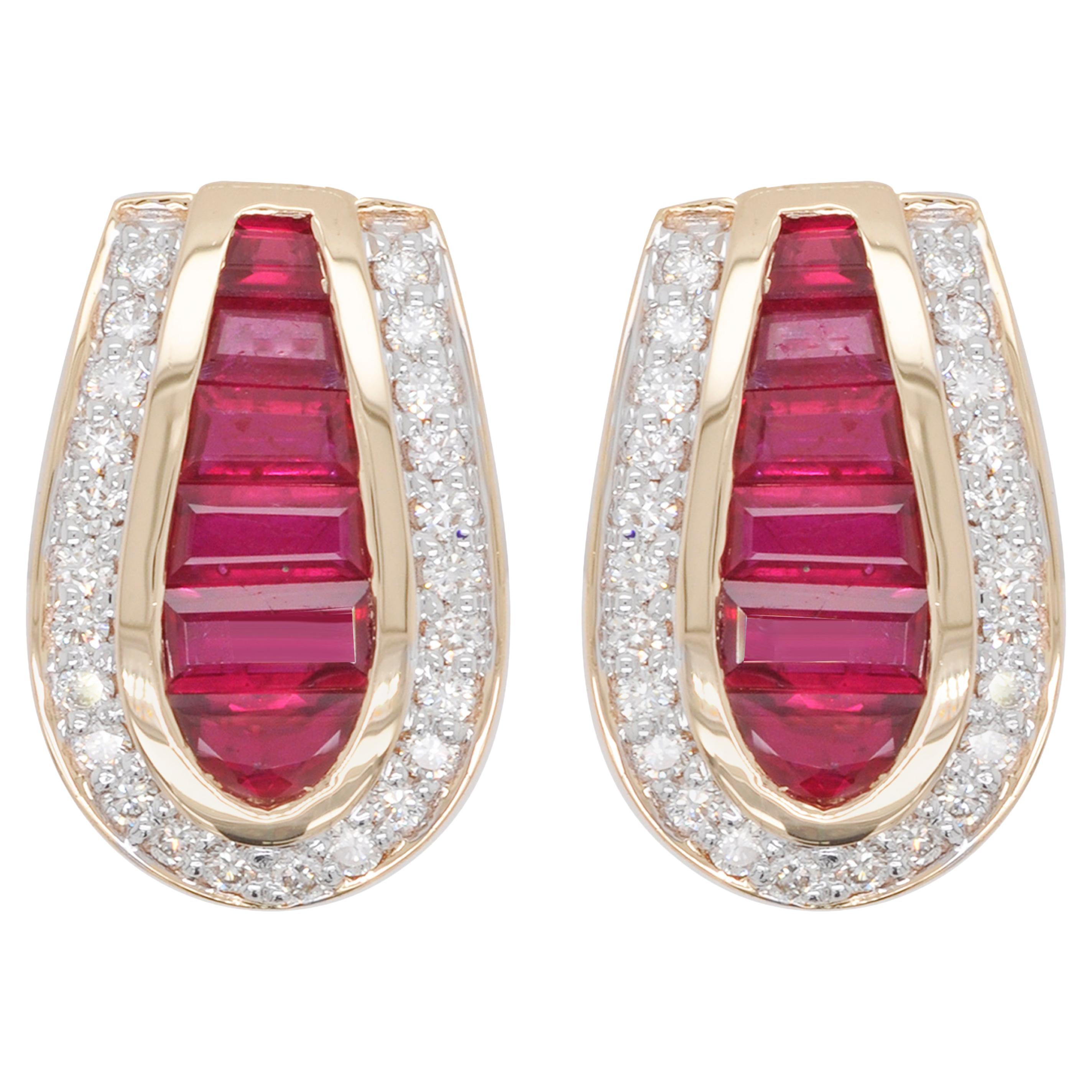 18 Karat Gold Calibre Cut Channel Set Burma Ruby Baguettes Diamond Stud Earrings