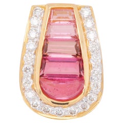 18 Karat Gold Channel Set Taper Baguette Pink Tourmaline Diamond Pendant
