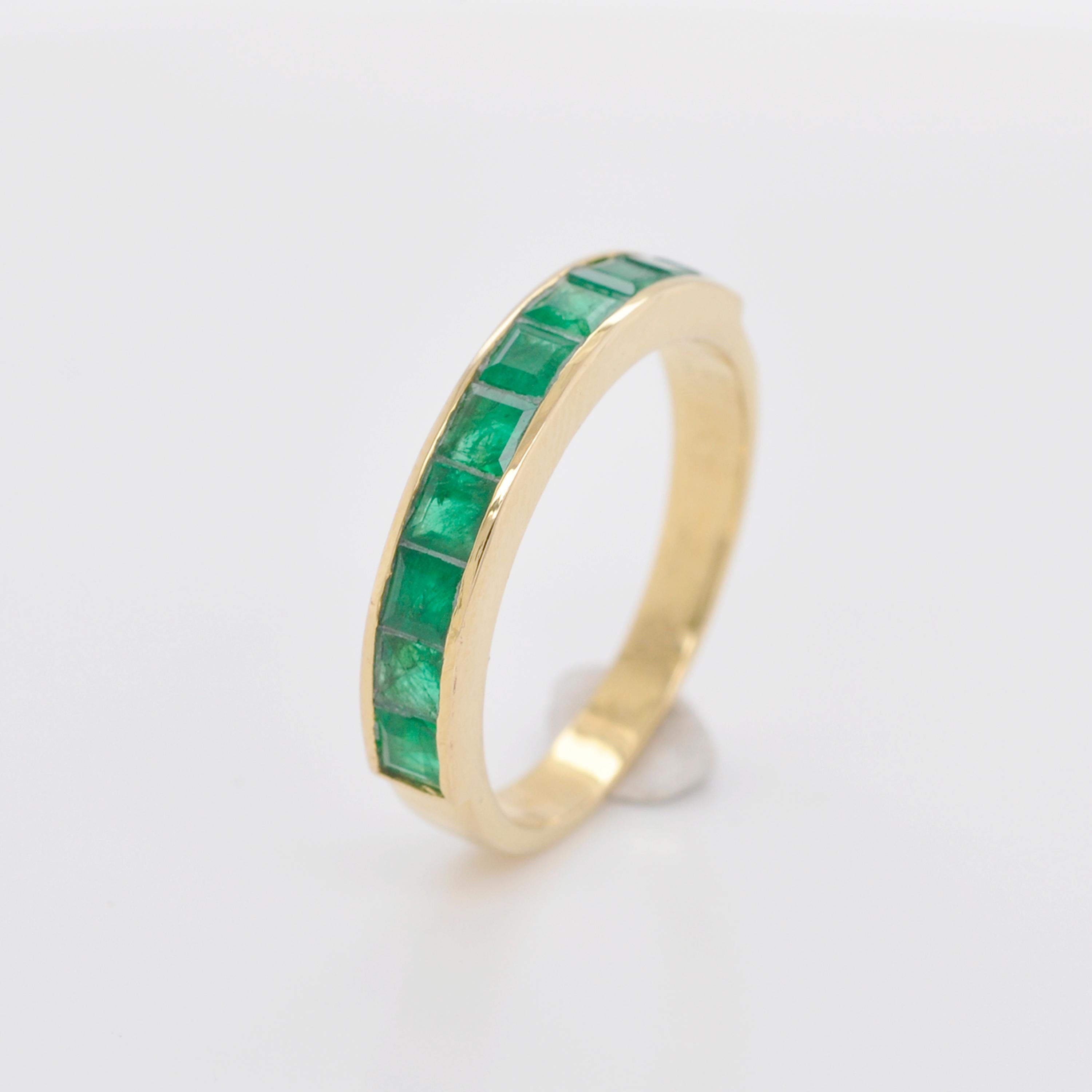 Contemporary 18 Karat Gold Channel Set Zambian Emerald Square Classic Band Ring For Sale