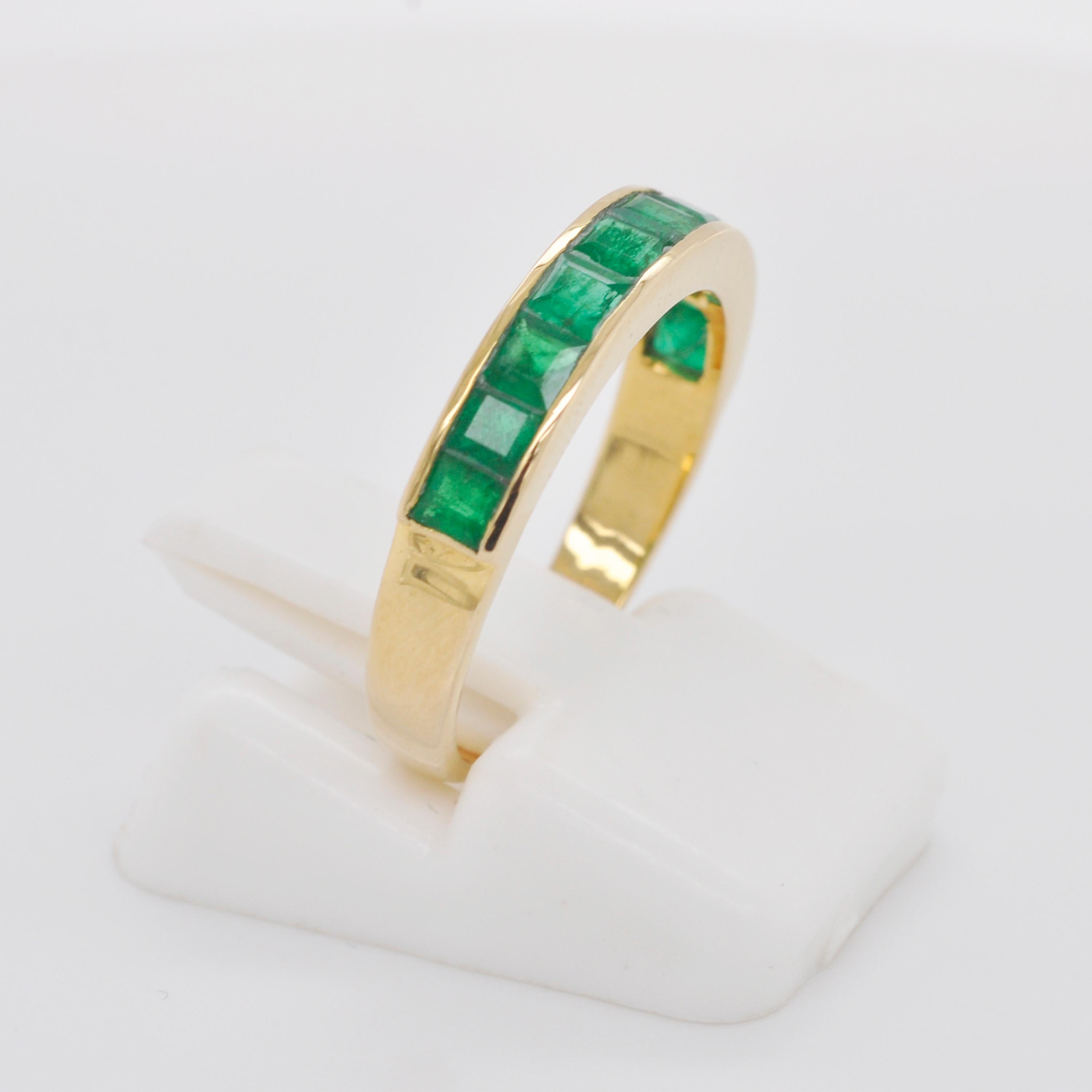Women's 18 Karat Gold Channel Set Zambian Emerald Square Classic Band Ring For Sale