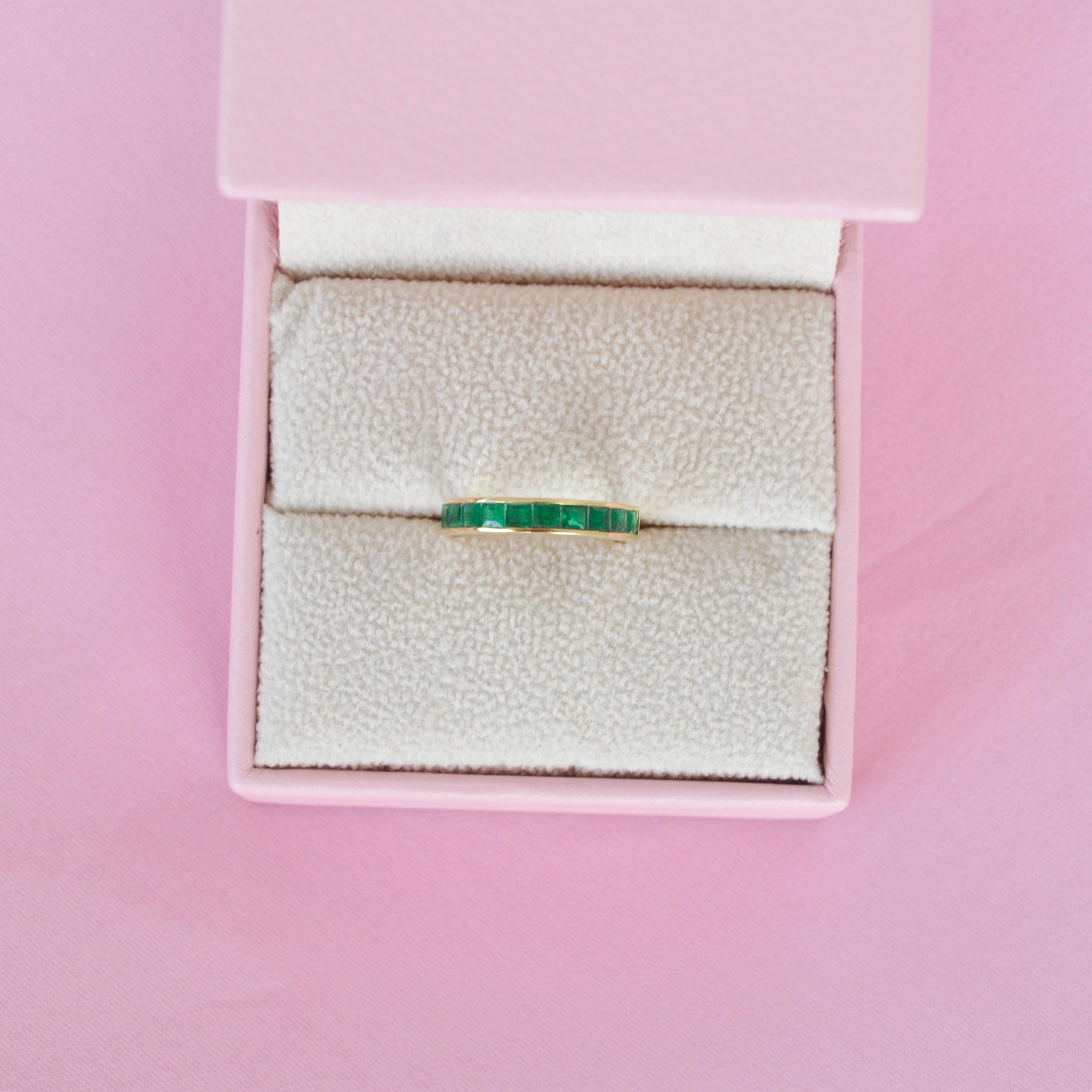 18 Karat Gold Channel Set Zambian Emerald Square Classic Band Ring For Sale 3