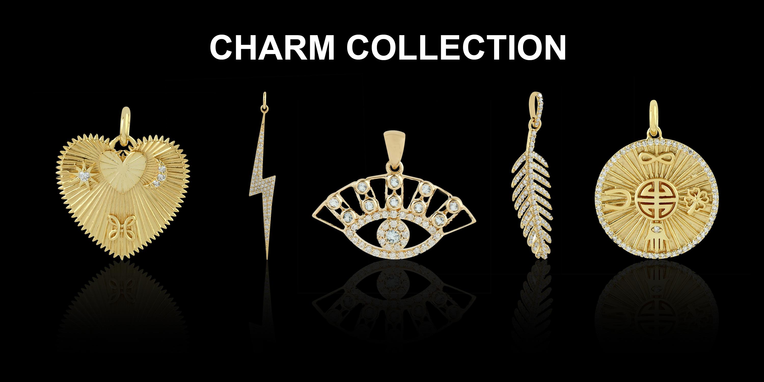 Modern 14 Karat Gold Charm Diamond Large Pendant Necklace For Sale