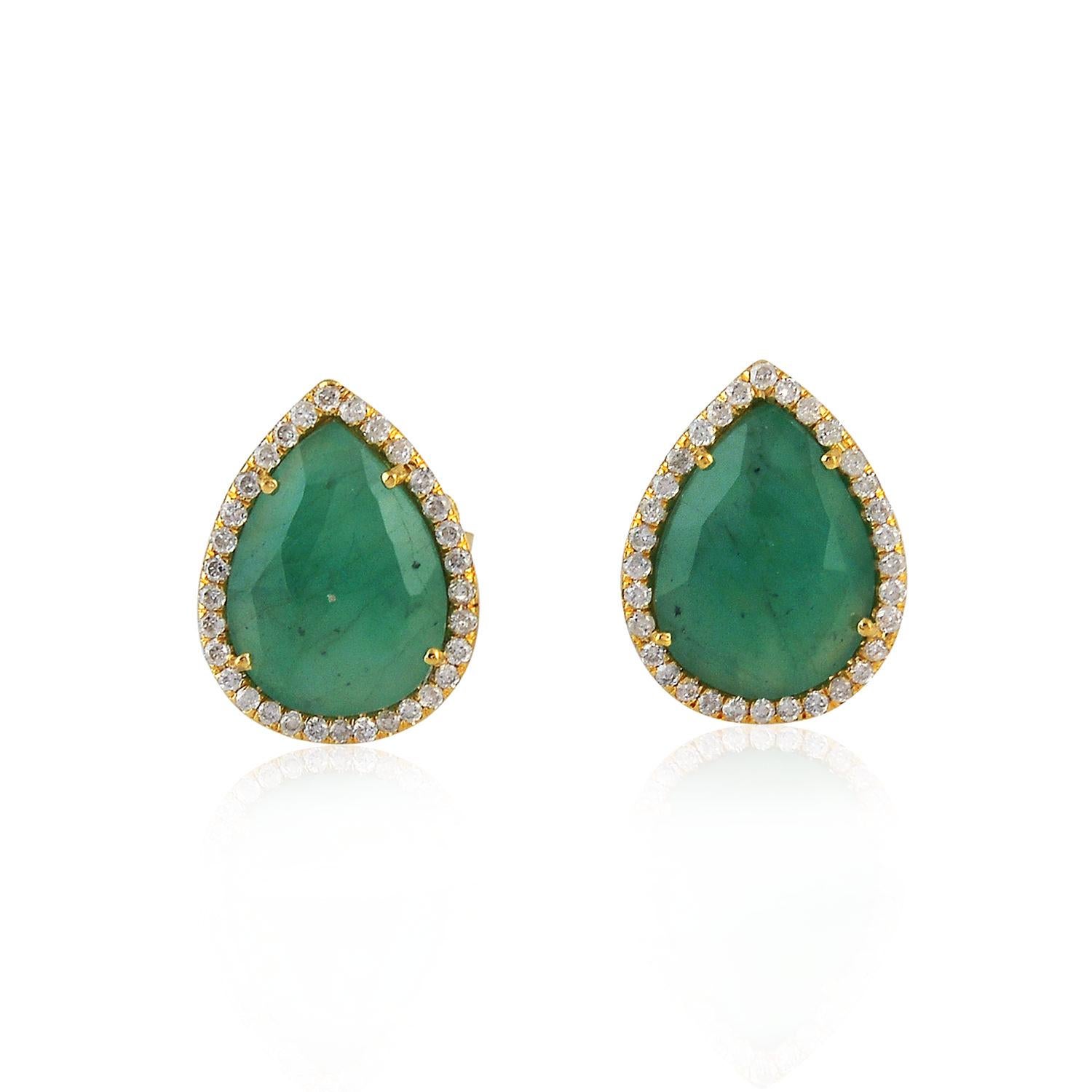 Pear Cut 18 Karat Gold Chrysophrase Diamond Pear Stud Earrings For Sale