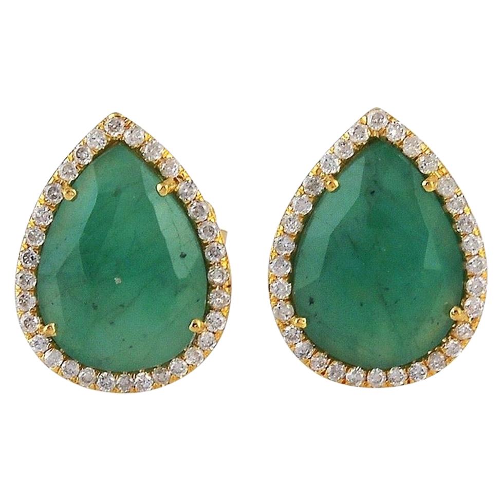 18 Karat Gold Chrysophrase Diamond Pear Stud Earrings For Sale