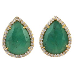18 Karat Gold Chrysophrase Diamond Pear Stud Earrings