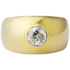 Retro 18 Karat Gold Cigar Band Ring with Brilliant Old Cut Diamond