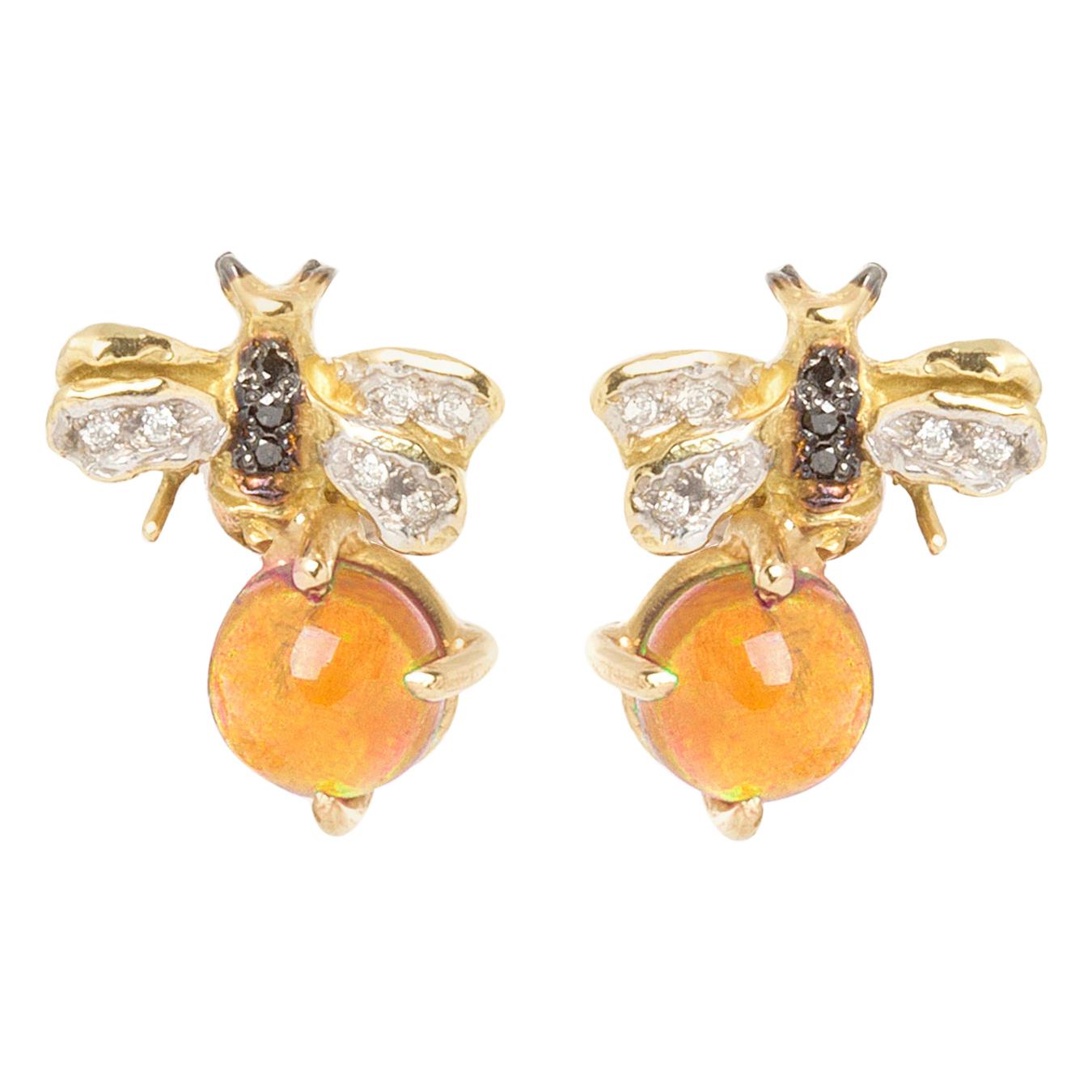 18 Karat Gold Citrine 0.10 Karat White Diamond Black Diamond Bees Stud Earrings