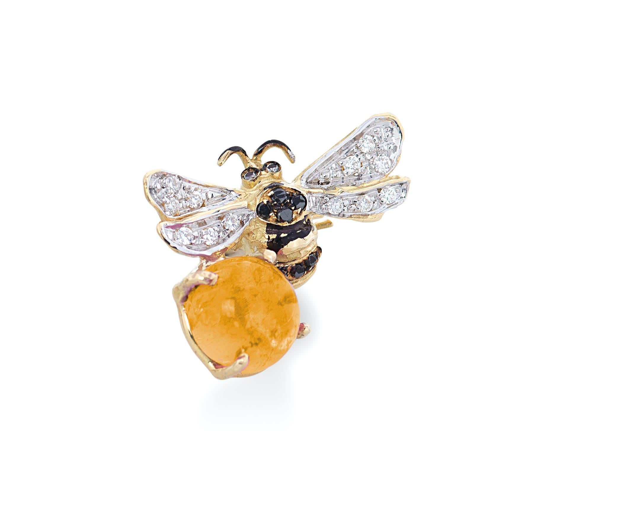 Ohrstecker aus 18 Karat Gold mit Citrin, weißen und schwarzen Diamanten und Bienen im Zustand „Neu“ im Angebot in Rome, IT