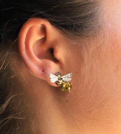 18 Karat Gold Citrine White Black Diamonds Bees Stud Earrings