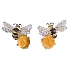 18 Karat Gold Citrine White&Black Diamonds Bees Stud Earrings