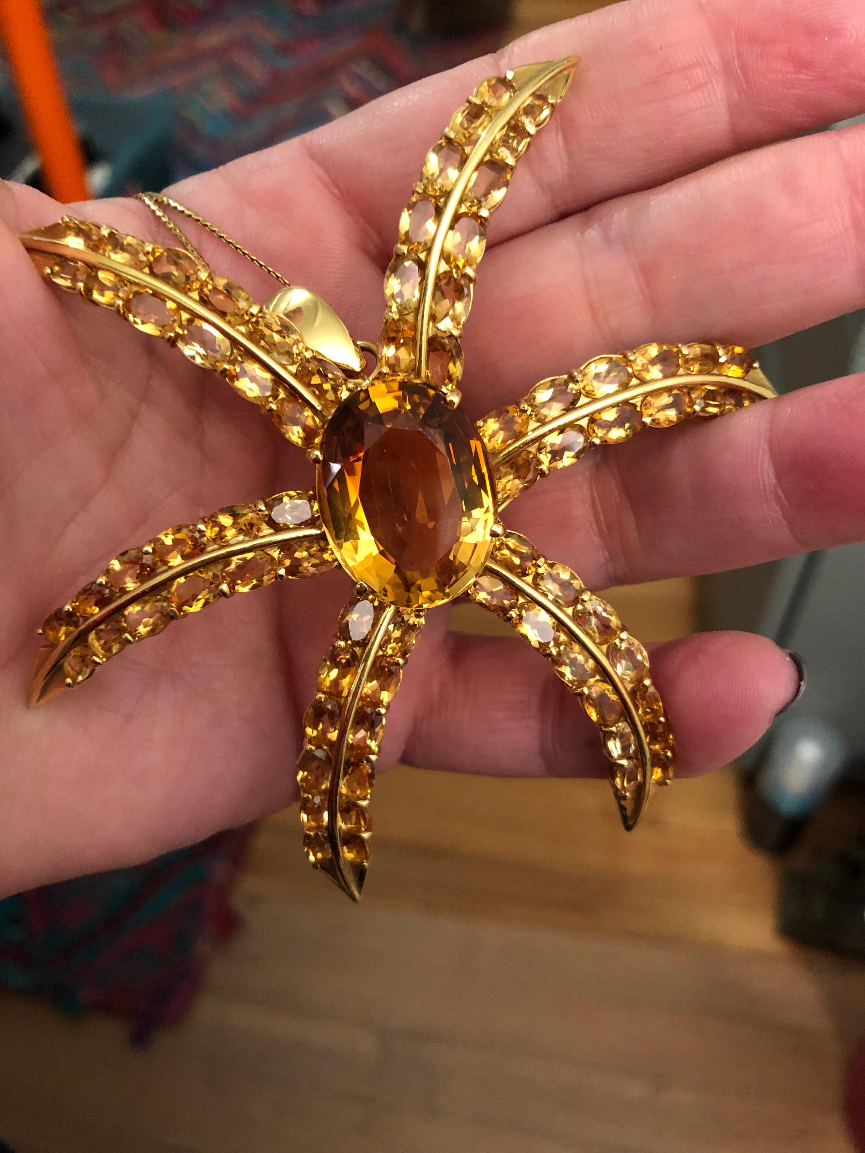 18 Karat Gold Citrine Star Motif Pendant Necklace Brooch 45 Carat For Sale 6