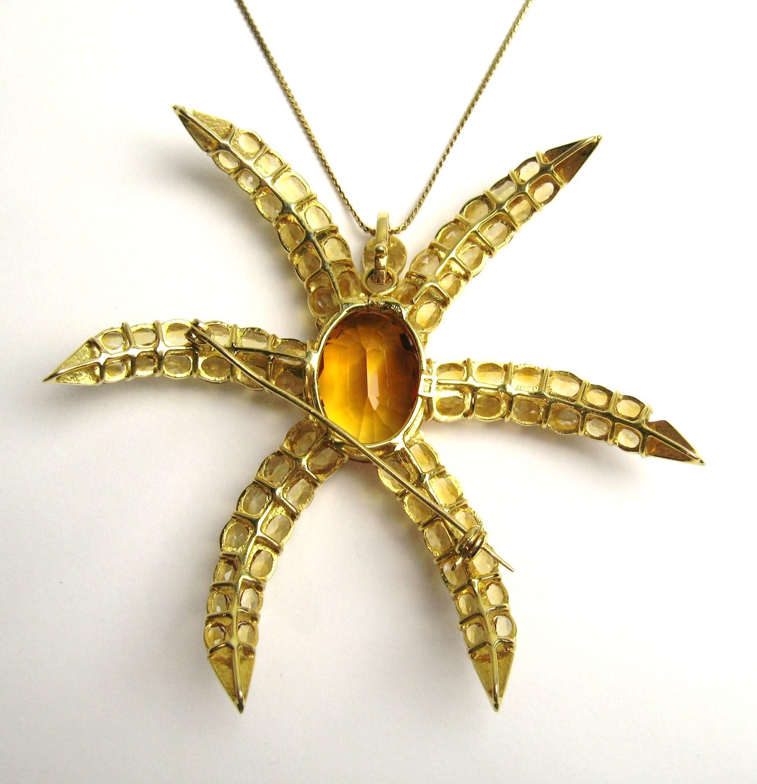 18 Karat Gold Citrine Star Motif Pendant Necklace Brooch 45 Carat In Excellent Condition For Sale In Wallkill, NY