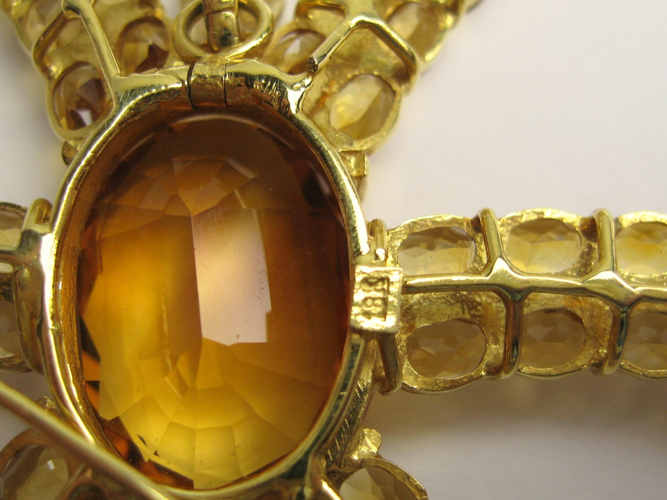 Women's or Men's 18 Karat Gold Citrine Star Motif Pendant Necklace Brooch 45 Carat For Sale