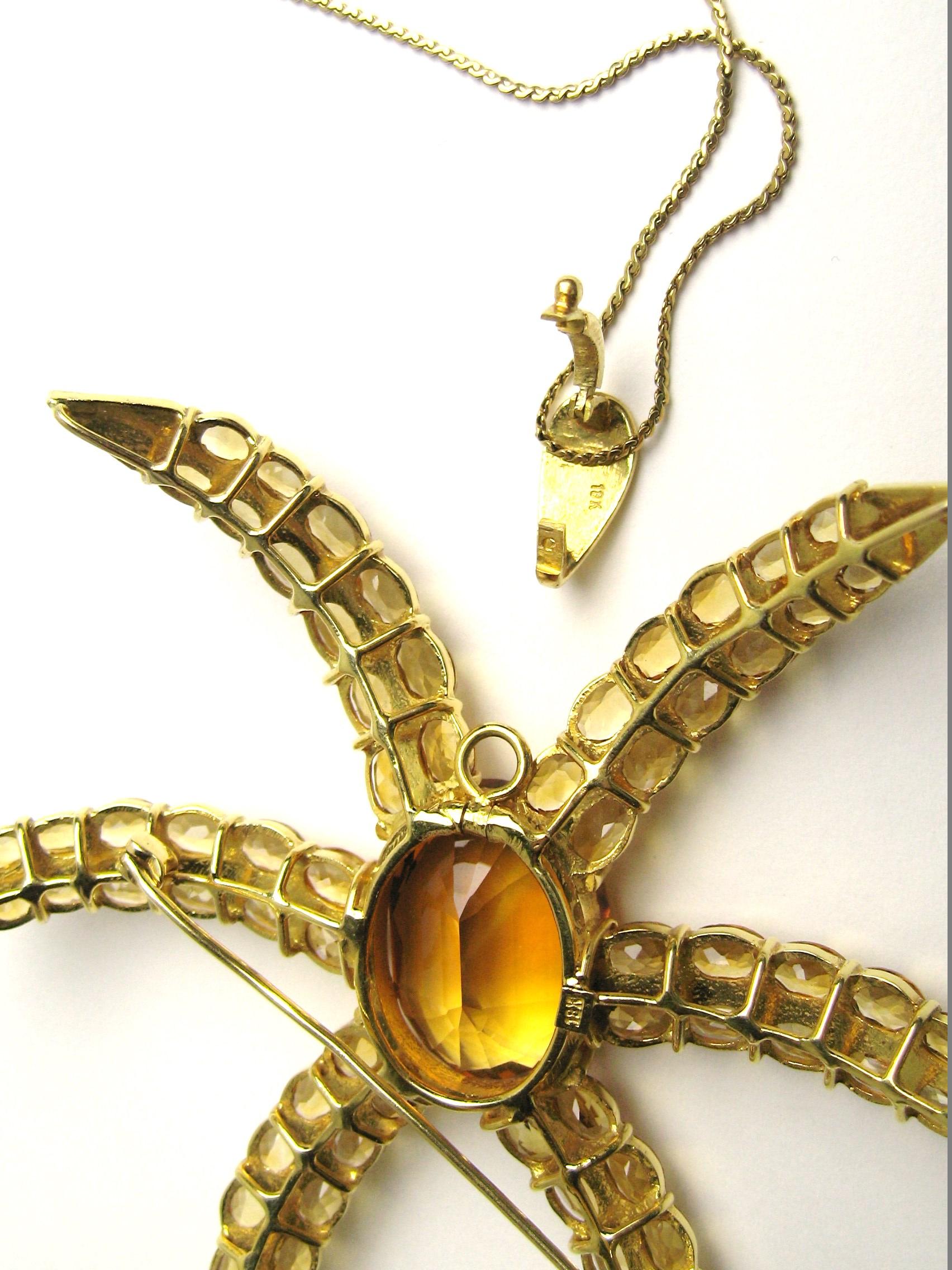 18 Karat Gold Citrine Star Motif Pendant Necklace Brooch 45 Carat For Sale 1