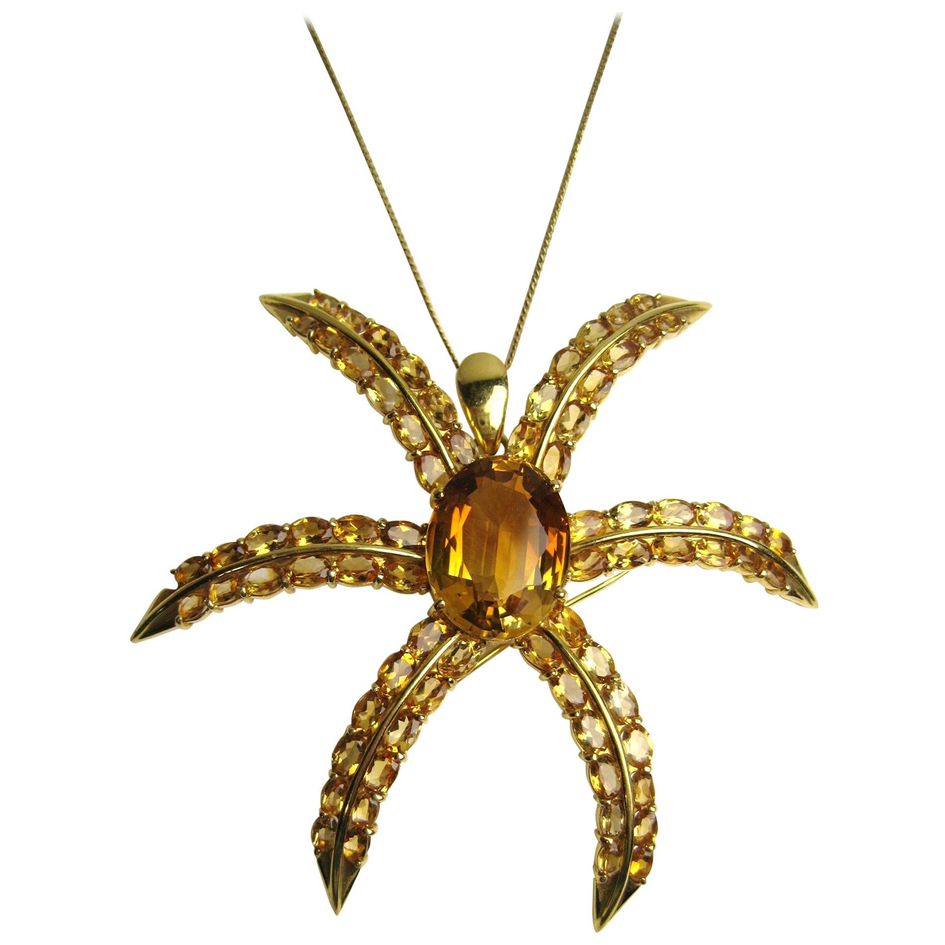 18 Karat Gold Citrine Star Motif Pendant Necklace Brooch 45 Carat For Sale