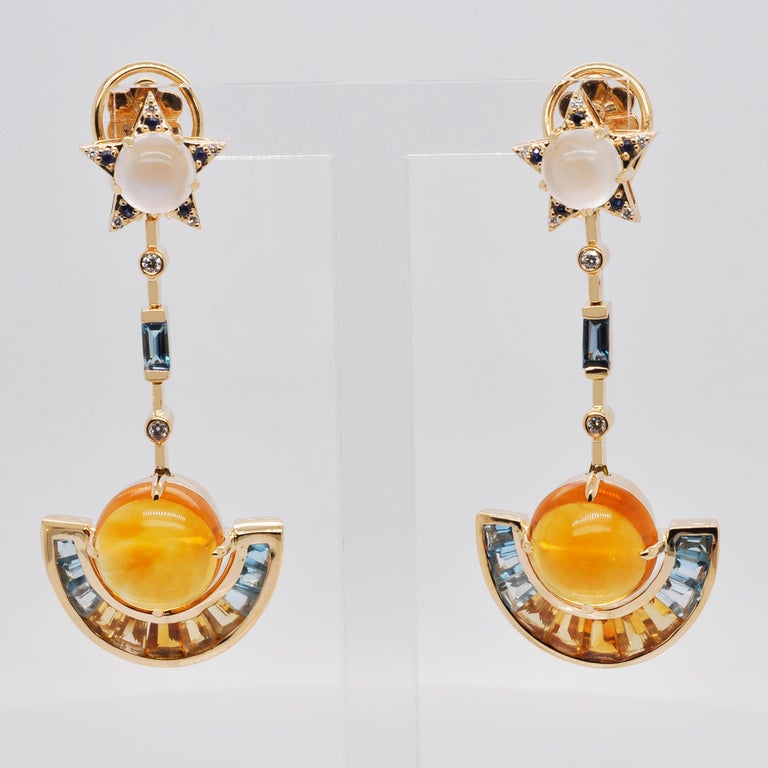 Detachable 18 Karat Gold Citrine Topaz Moonstone Blue Sapphire Diamond Earrings 3