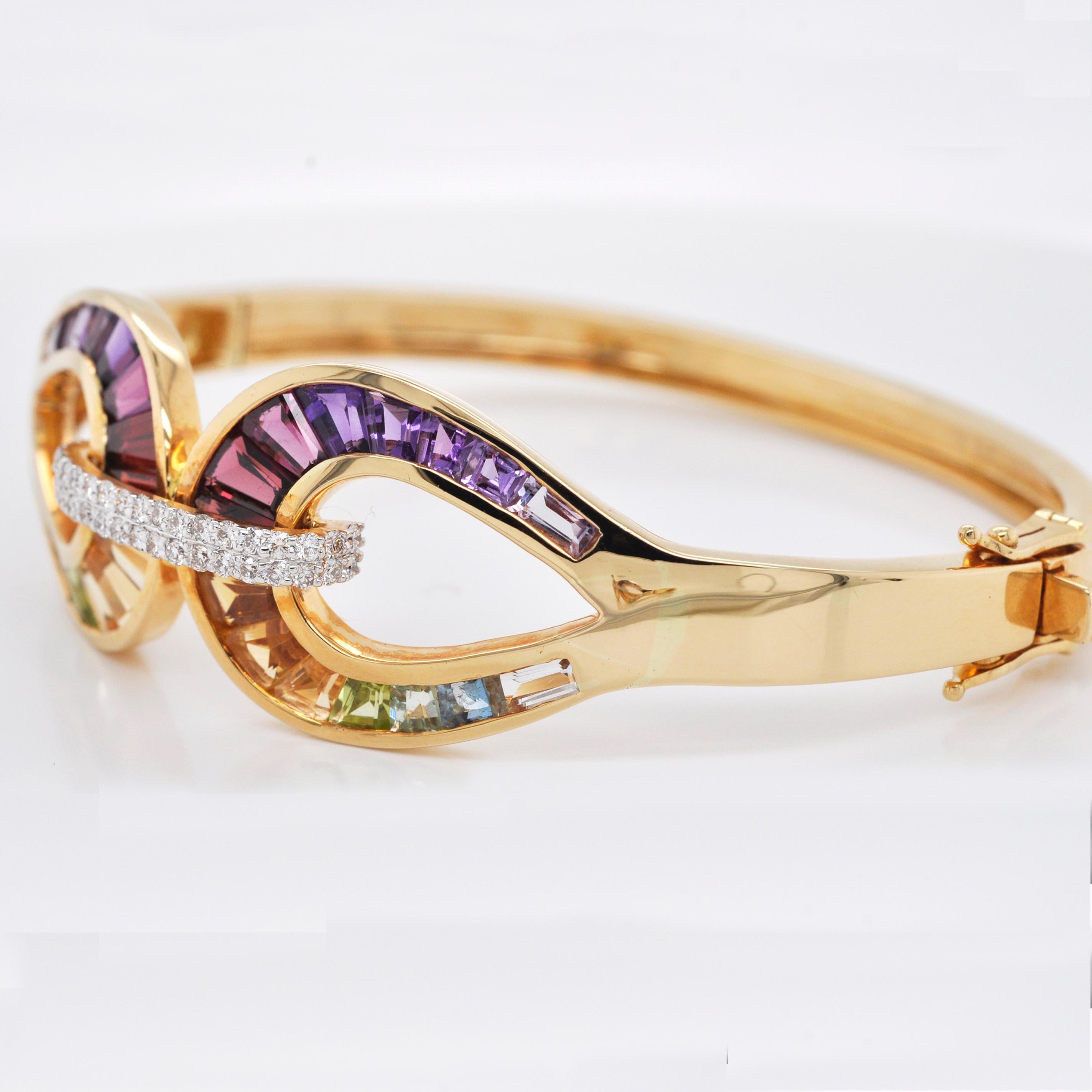 Contemporary 18 Karat Gold Channel Set Multi-Color Taper Baguette Diamond Rainbow Bracelet