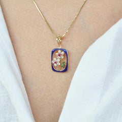 18 Karat Gold Cloisonné French Enamel Ruby Diamond Pendant Necklace