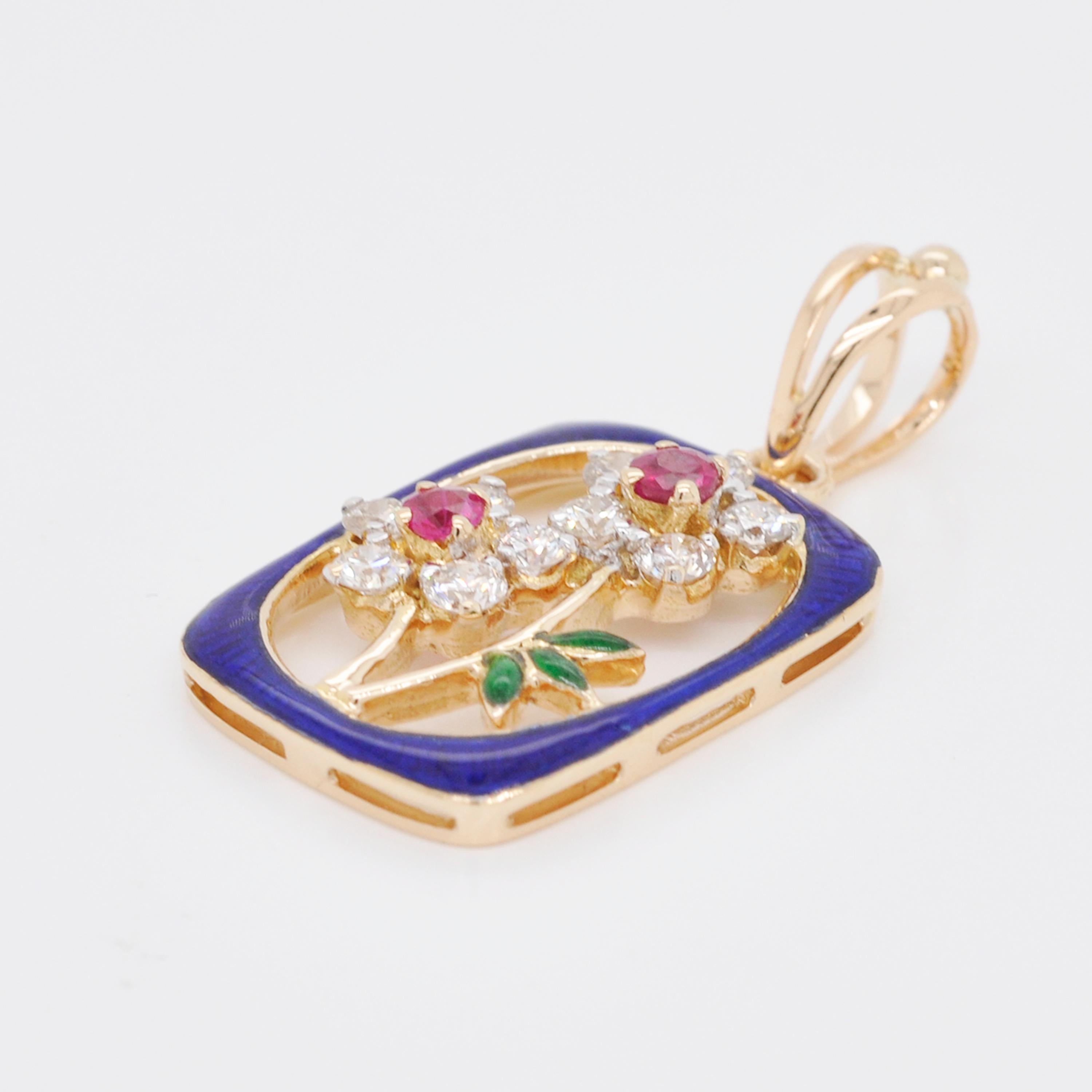Round Cut 18 Karat Gold Cloisonné French Enamel Ruby Diamond Pendant Necklace