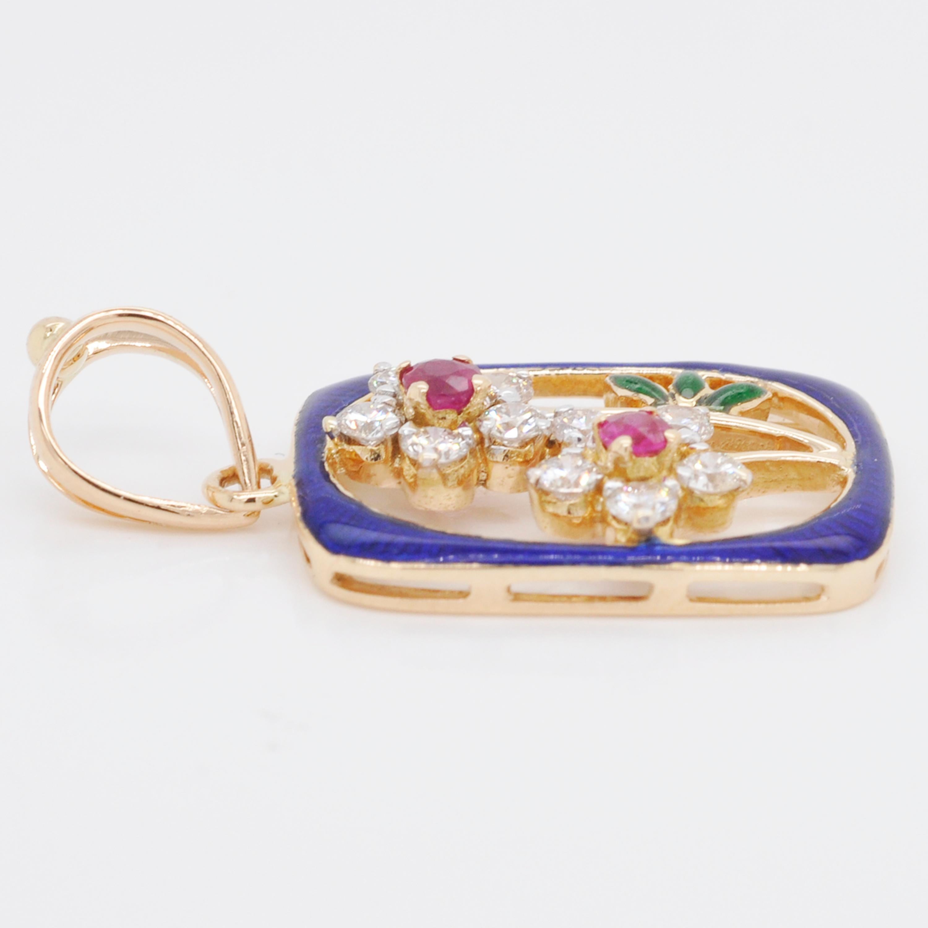 Round Cut 18 Karat Gold Cloisonné French Enamel Ruby Diamond Pendant Necklace For Sale