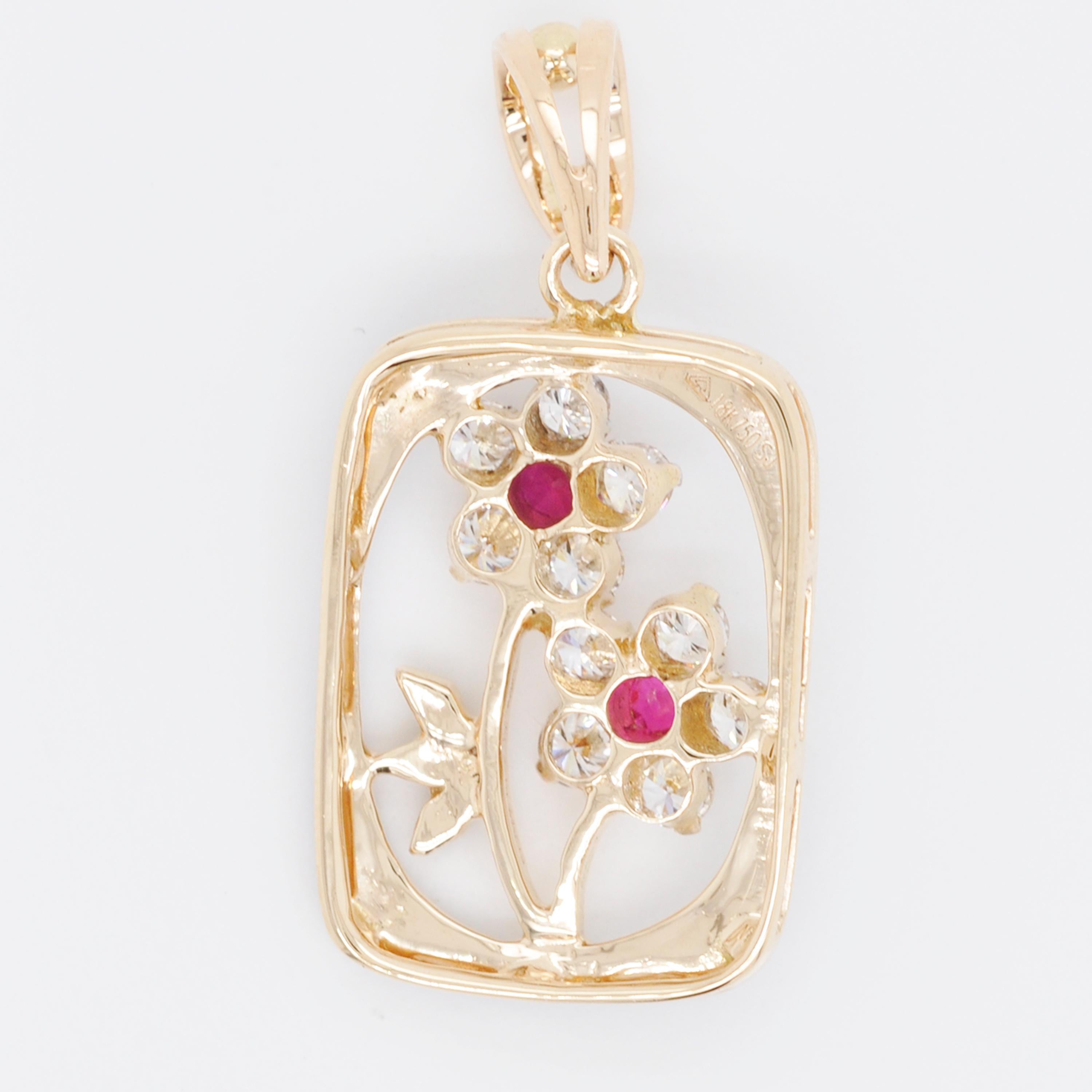 Women's 18 Karat Gold Cloisonné French Enamel Ruby Diamond Pendant Necklace For Sale