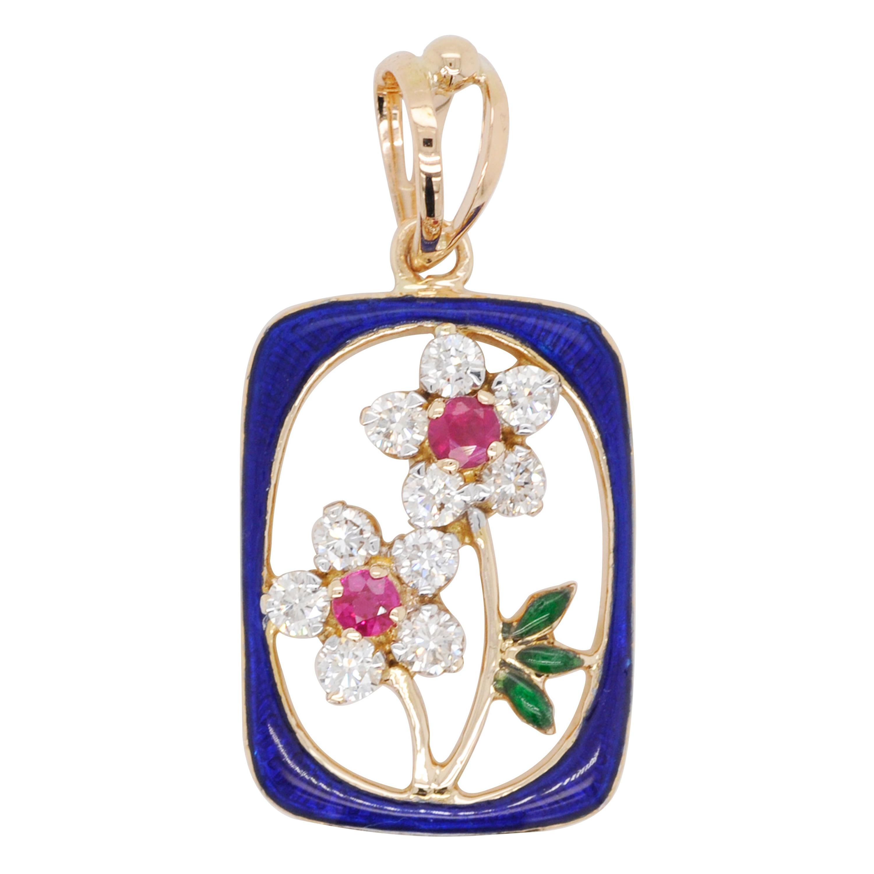 Collier pendentif en or 18 carats, émail français cloisonné, rubis et diamants