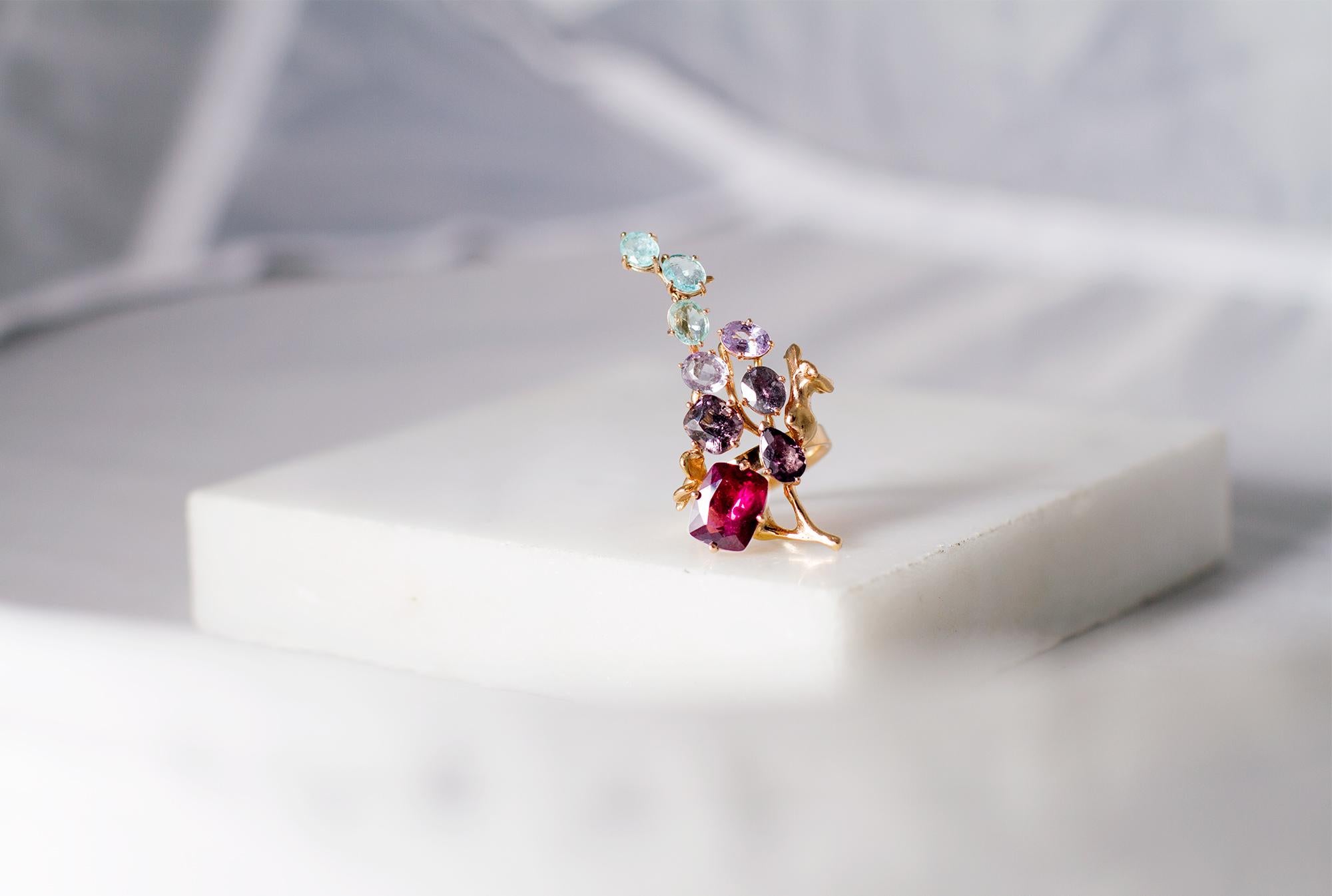 Fourteen Carats Gems Cluster Ring With Pink Sapphire and Paraiba Tourmalines For Sale 10