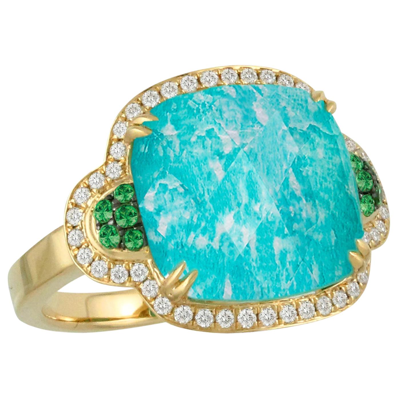 18 Karat Gold Cocktail Ring with Amazonite Green Tsavorites, Quartz and Diamonds