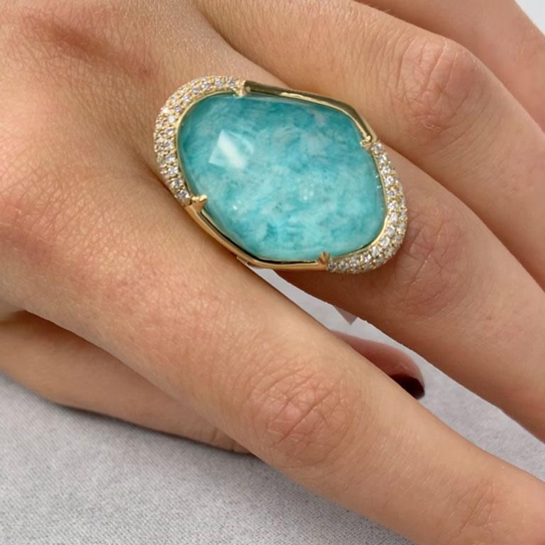One-of-a-Kind 18K Yellow Gold Statement Ring - featuring a doublet of Checkerboard-Cut Rock Crystal Quartz layered with Amazonite, Diamond Halo, and Split Shank. Finger size 6.5, adjustable upon request/quote. Amazonite, known as 