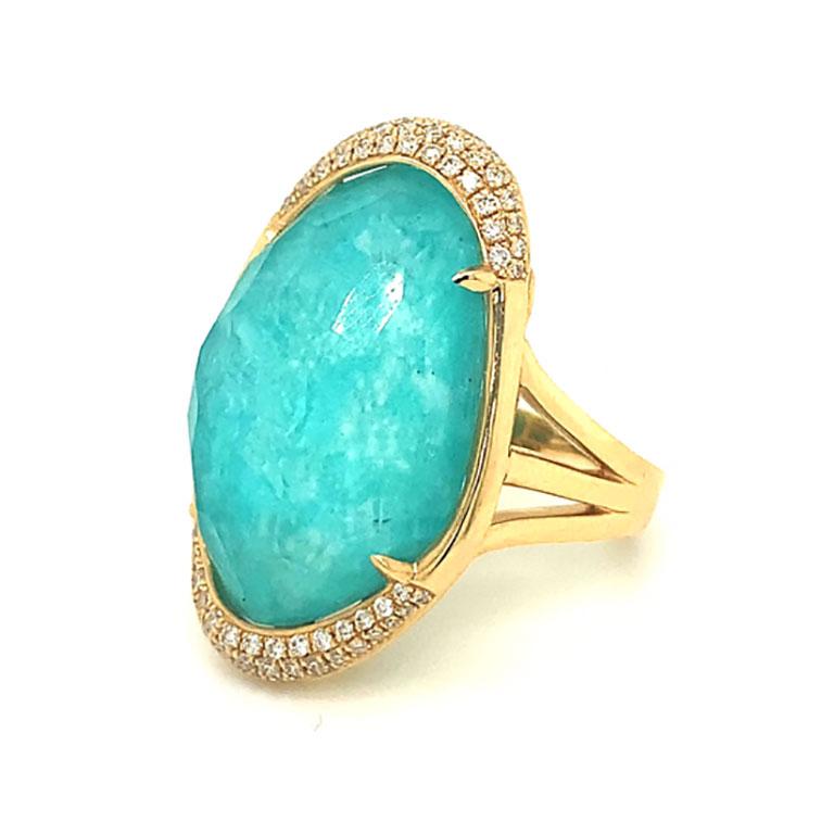 Cushion Cut 18 Karat Gold Cocktail Ring with Amazonite, Rock Crystal Quartz and Diamonds For Sale