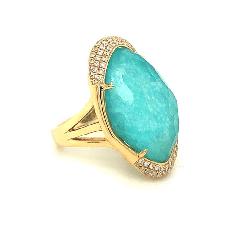 18 Karat Gold Cocktail Ring with Amazonite, Rock Crystal Quartz and Diamonds In New Condition For Sale In Great Neck, NY